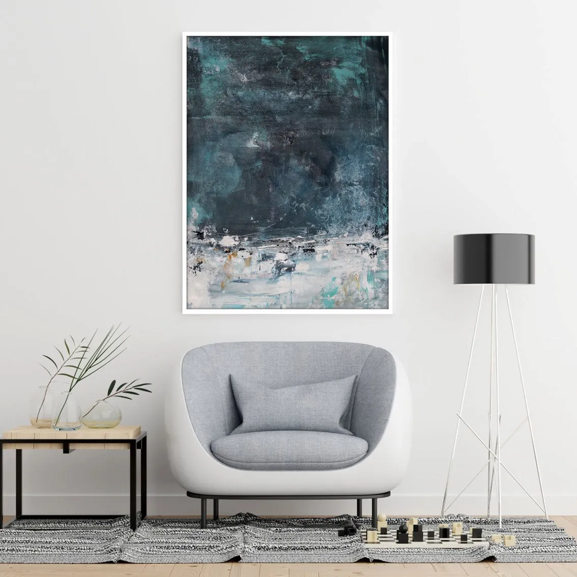 Framed vertical smoky blue & white abstract wall art print