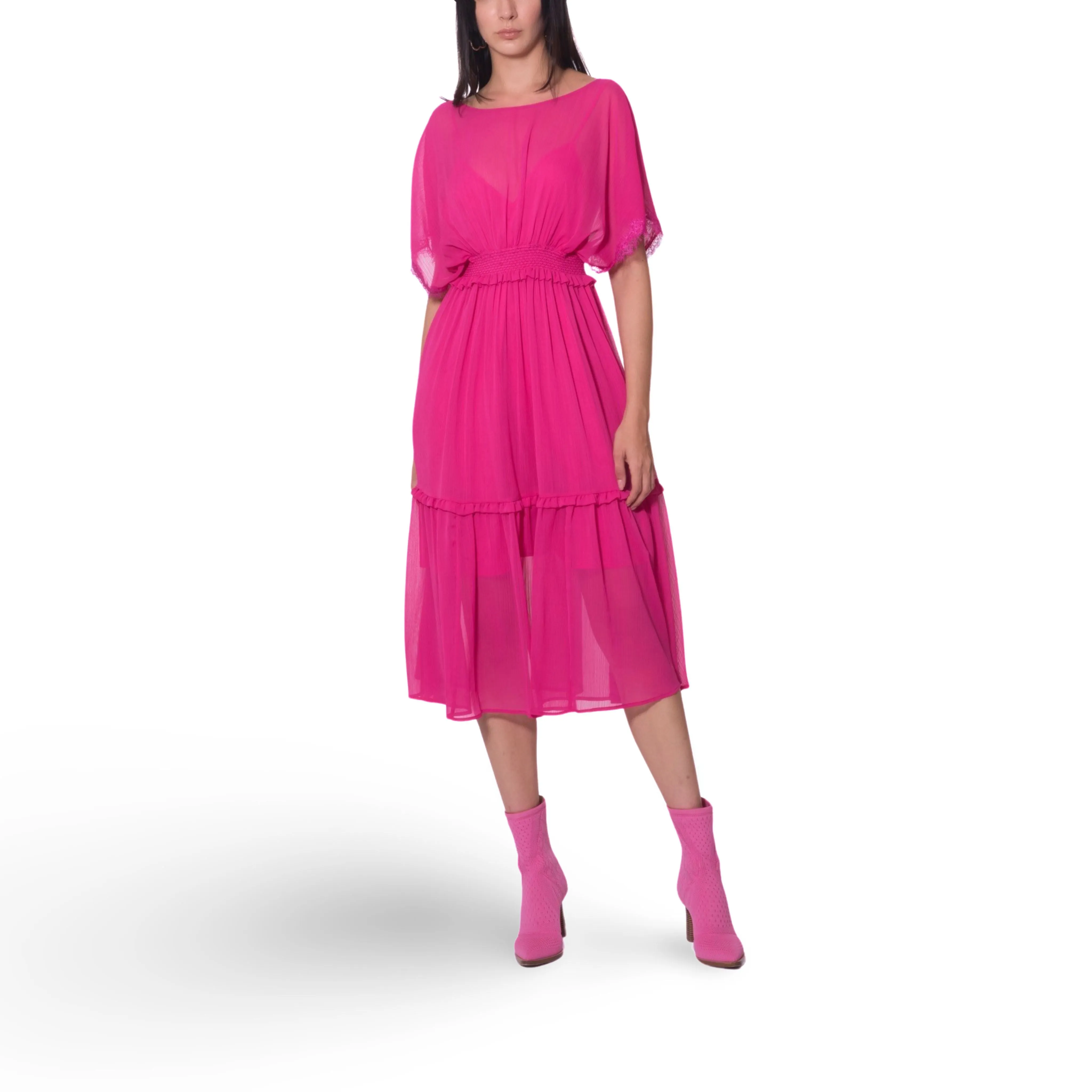 Gathered Waist Tiered Midi Dress