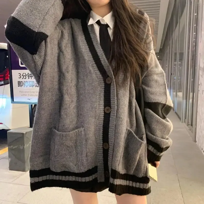 Getadme Grey Striped Knitted Sweater Cardigan Women Korean Style Harajuku Oversize Jumper Preppy Fashion Female Tops Winter