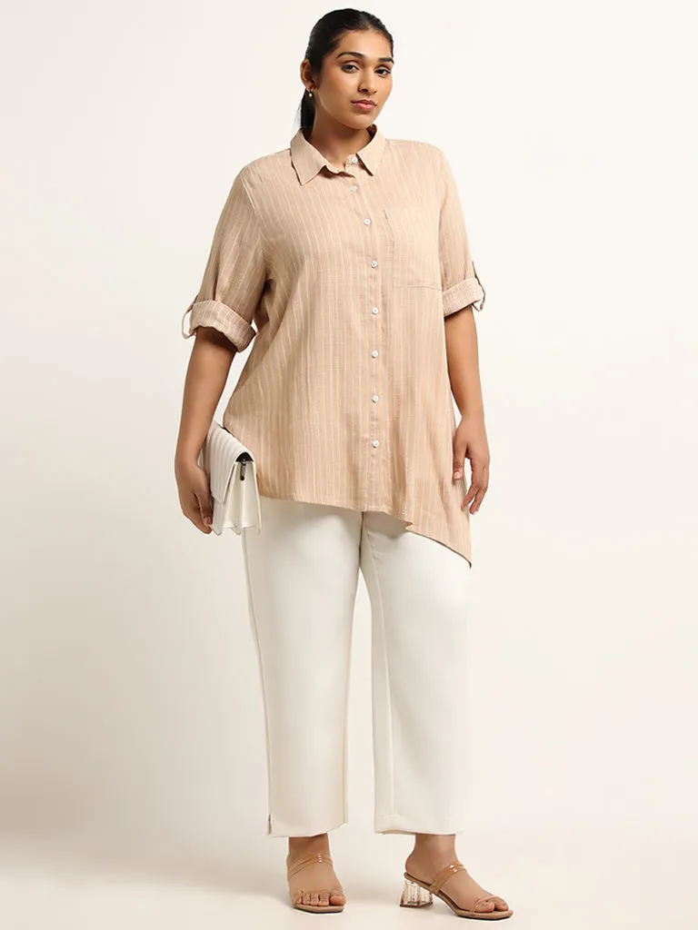 Gia Beige Striped Blended Linen Asymmetric Shirt