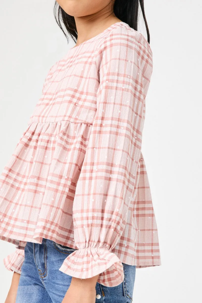 Girls Long Sleeve Plaid Peplum Top