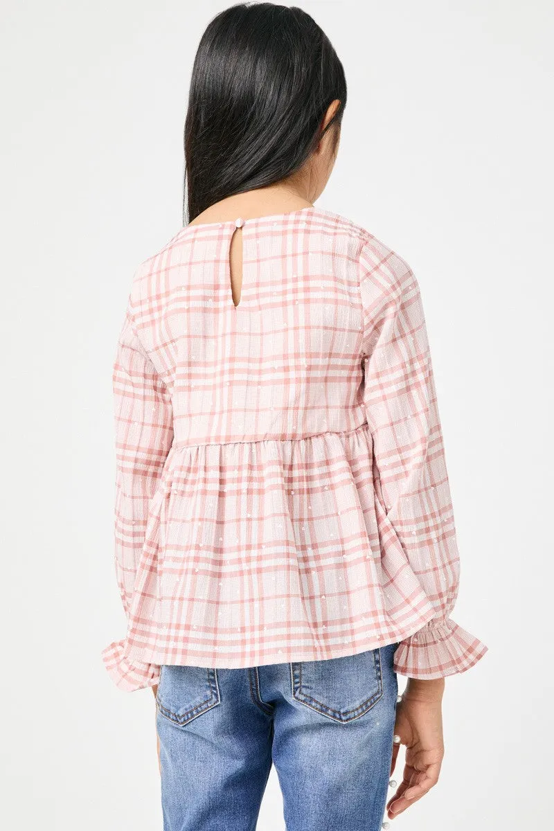 Girls Long Sleeve Plaid Peplum Top