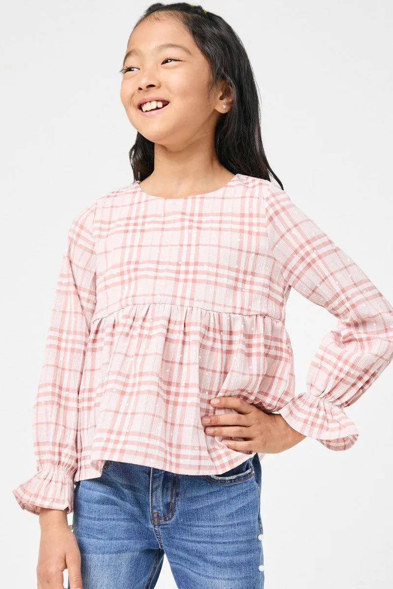 Girls Long Sleeve Plaid Peplum Top