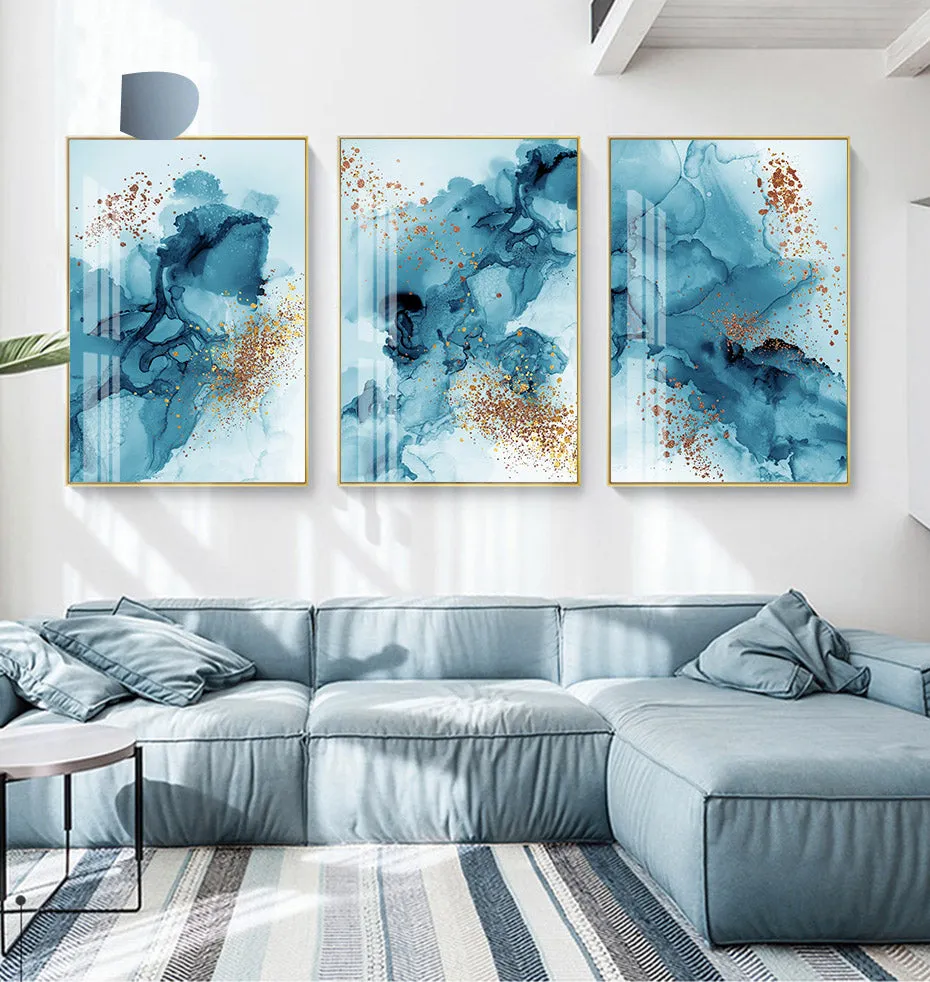 Golden Blue Splash Liquid Abstract Wall Art Fine Art Canvas Prints Modern Pictures For Luxury Living Room Bedroom Boutique Hotel Office Art Decor