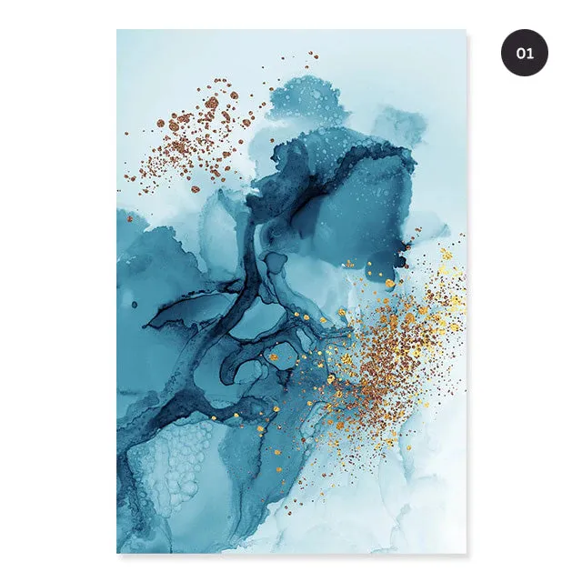 Golden Blue Splash Liquid Abstract Wall Art Fine Art Canvas Prints Modern Pictures For Luxury Living Room Bedroom Boutique Hotel Office Art Decor