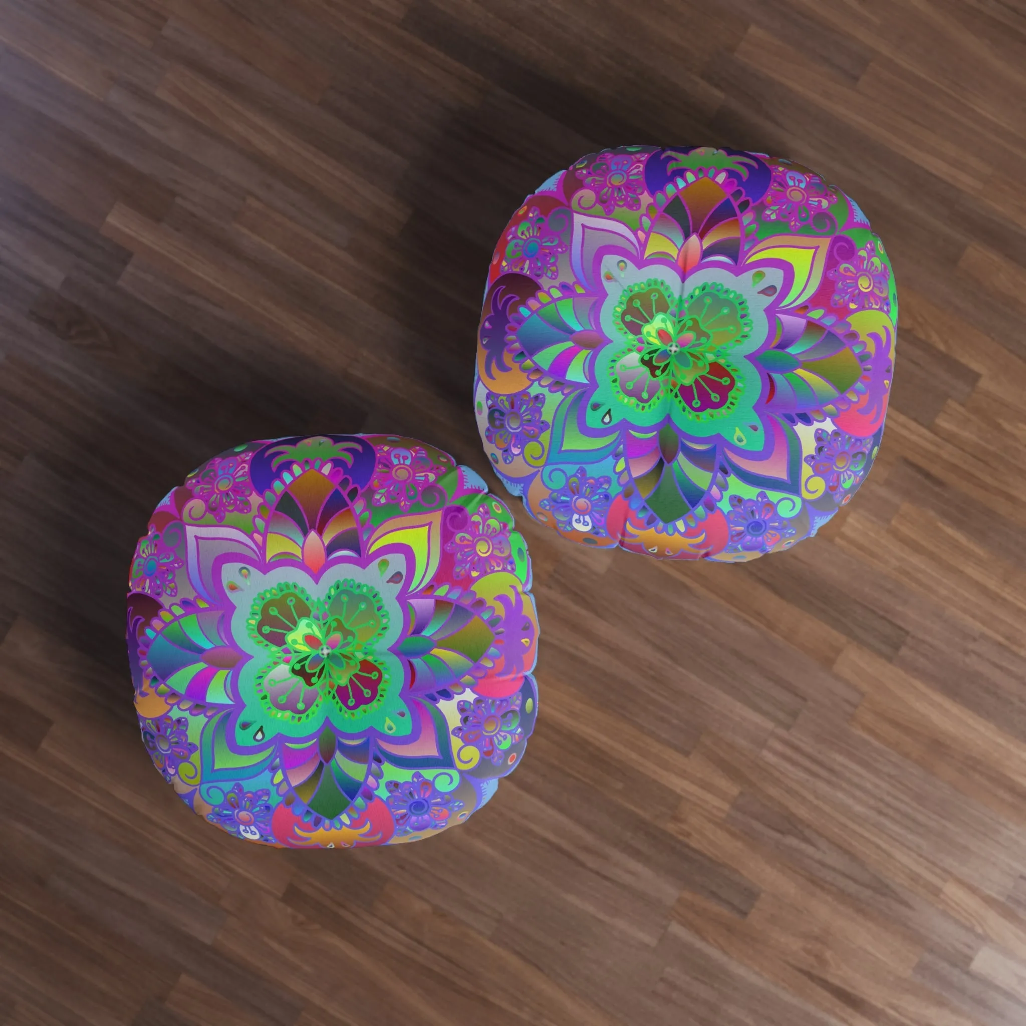 Hand Drawn Mandala Floor Cushion - Colorful Art on Light Blue Background