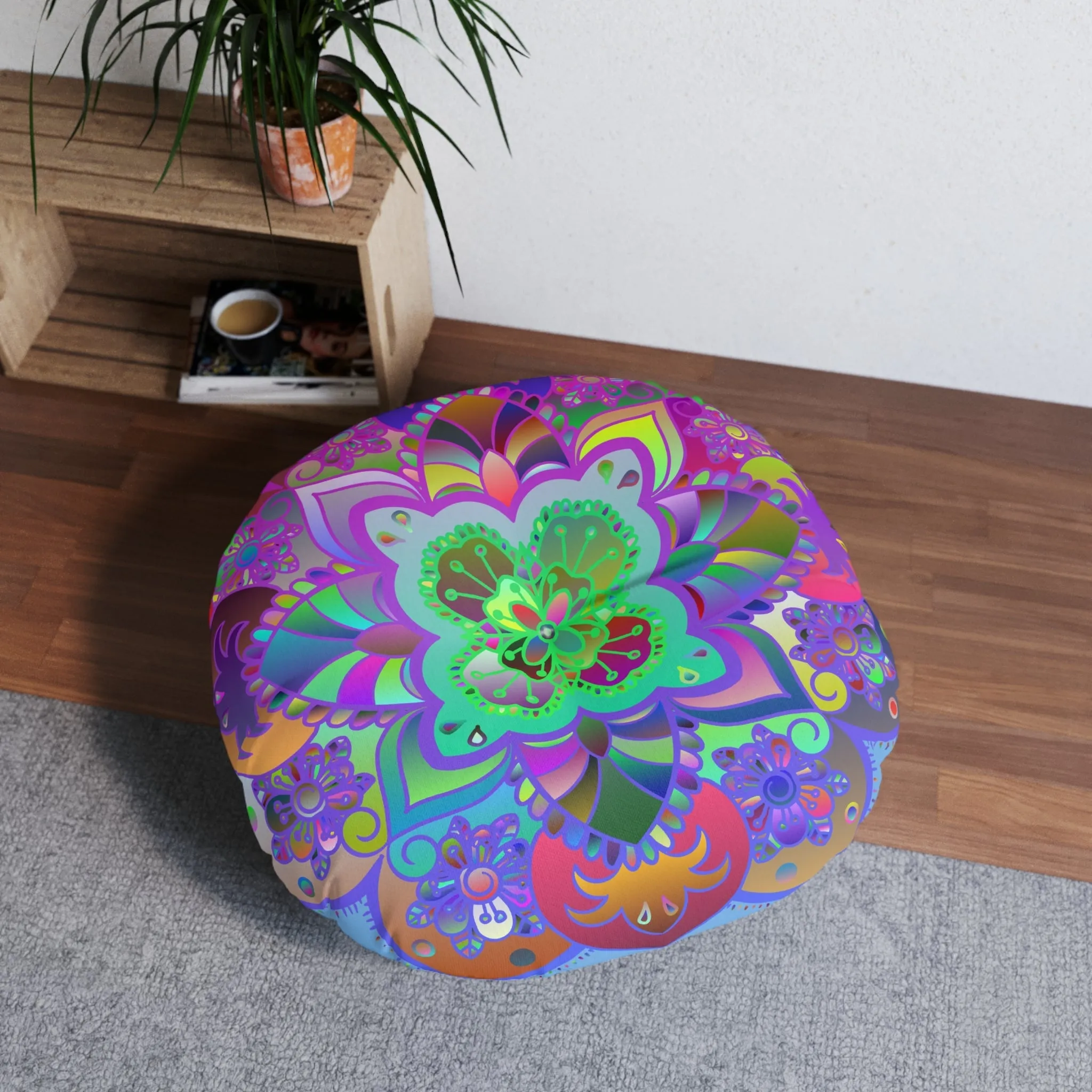 Hand Drawn Mandala Floor Cushion - Colorful Art on Light Blue Background