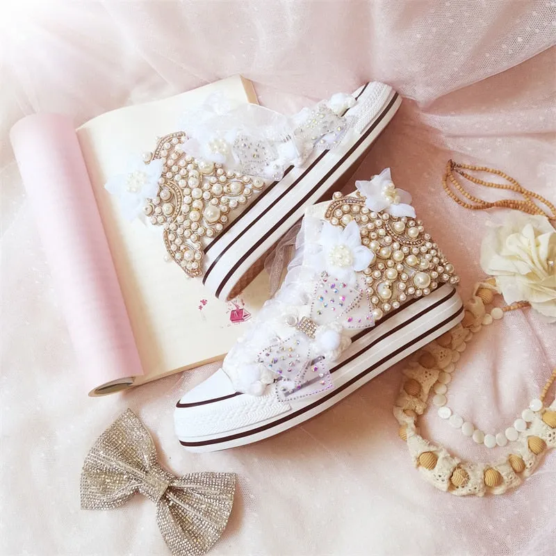 Hand-made Bowknot Pearl Flower Wedding Party Sneakers