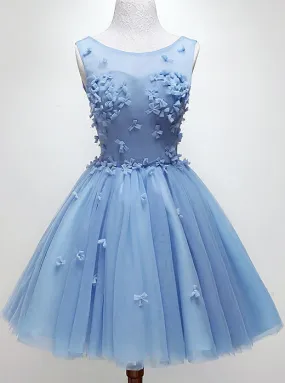 Handmade Bow Light Blue Homecoming Dress, Tulle Graduation Dress OM9689