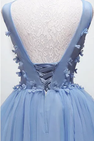 Handmade Bow Light Blue Homecoming Dress, Tulle Graduation Dress OM9689