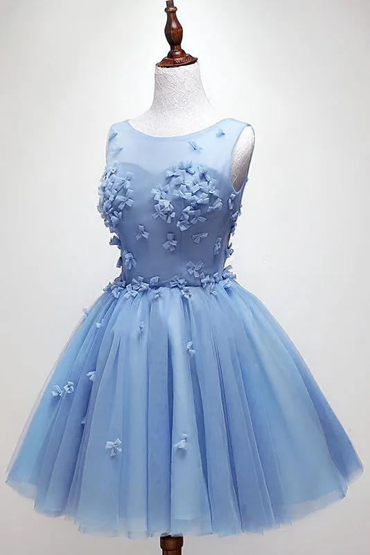 Handmade Bow Light Blue Homecoming Dress, Tulle Graduation Dress OM9689