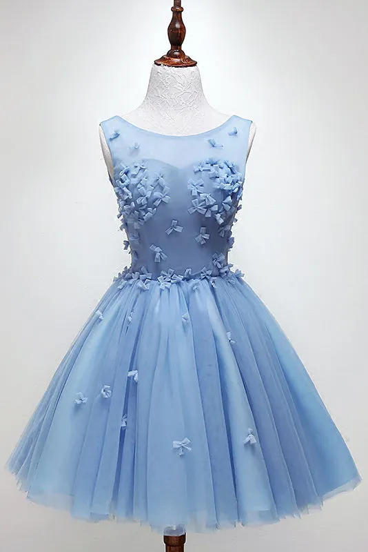 Handmade Bow Light Blue Homecoming Dress, Tulle Graduation Dress OM9689