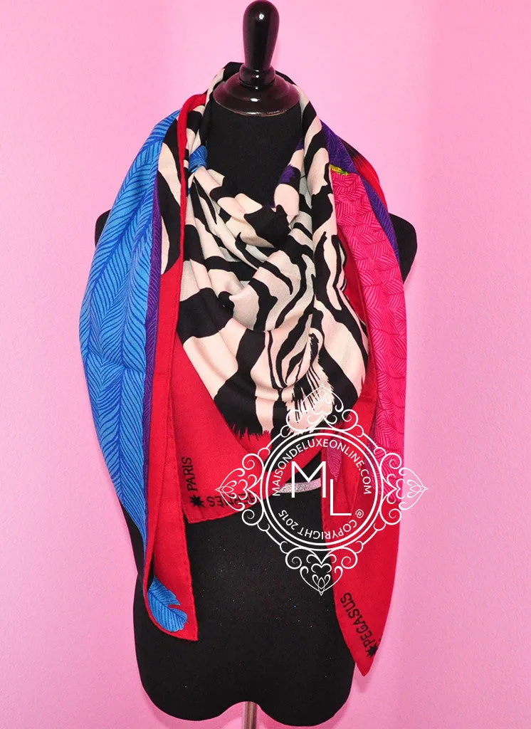 Hermes "Zebra Pegasus" Pink Blue Cashmere 140 GM Shawl Scarf