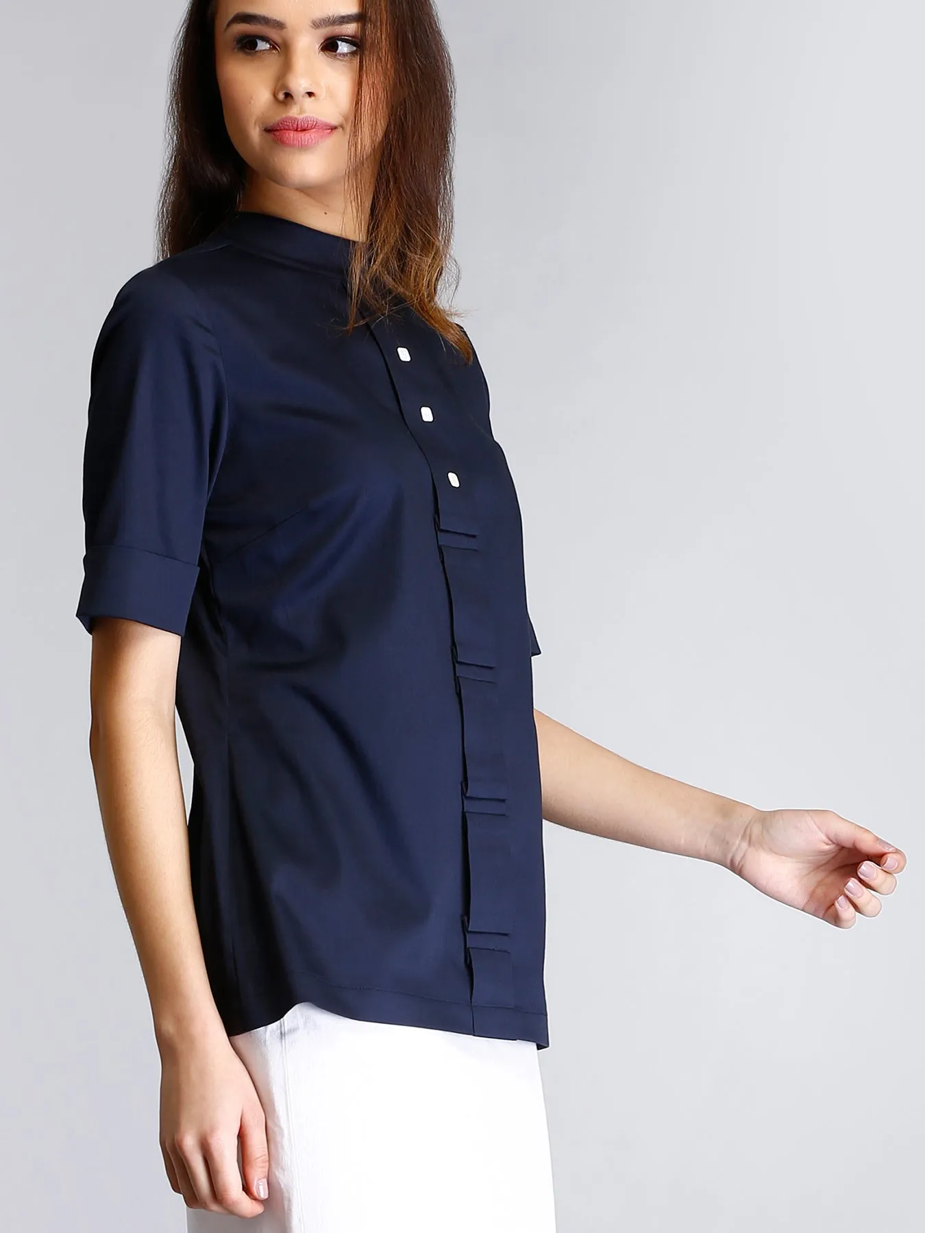 High Neck Fold Detail Top - Navy