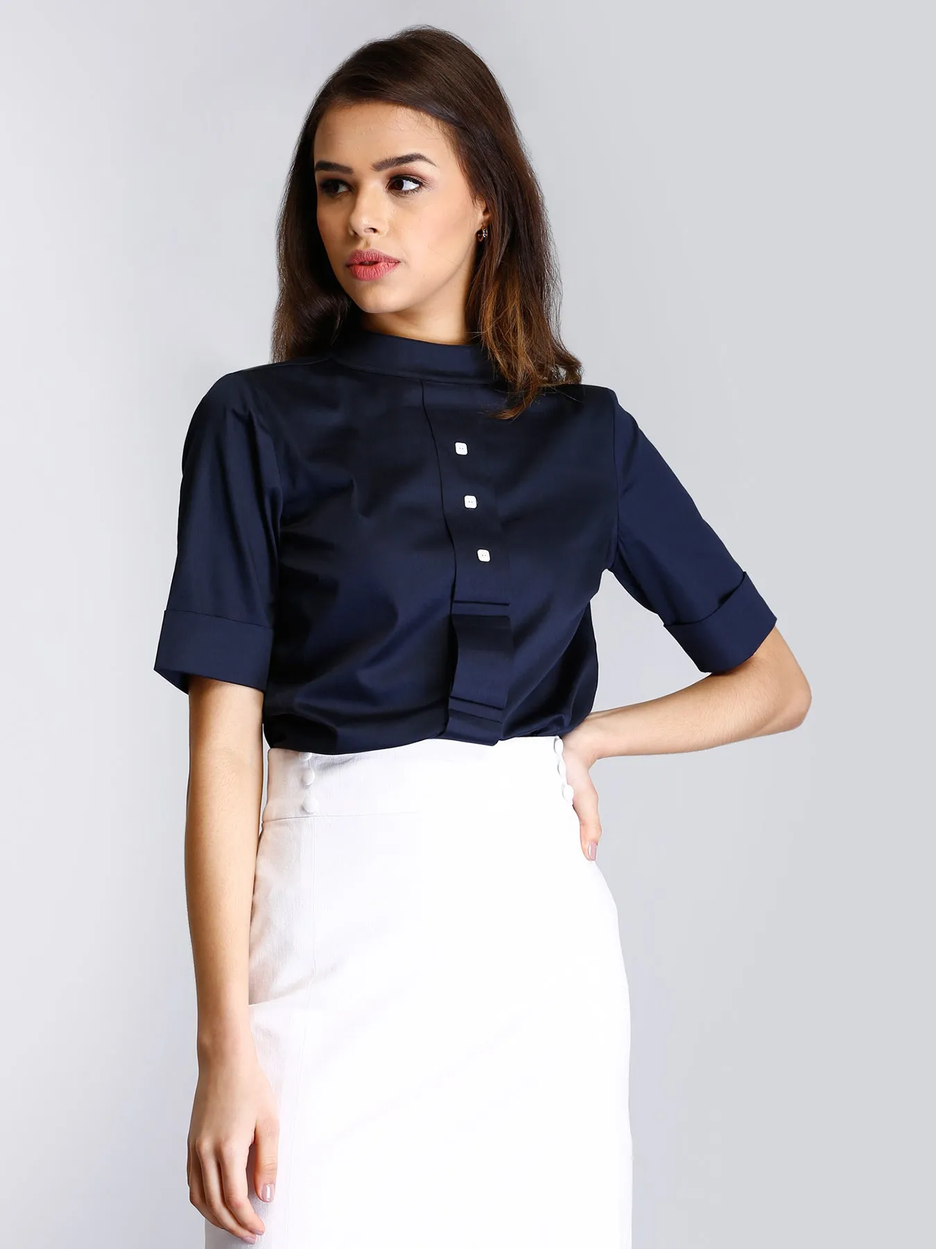 High Neck Fold Detail Top - Navy