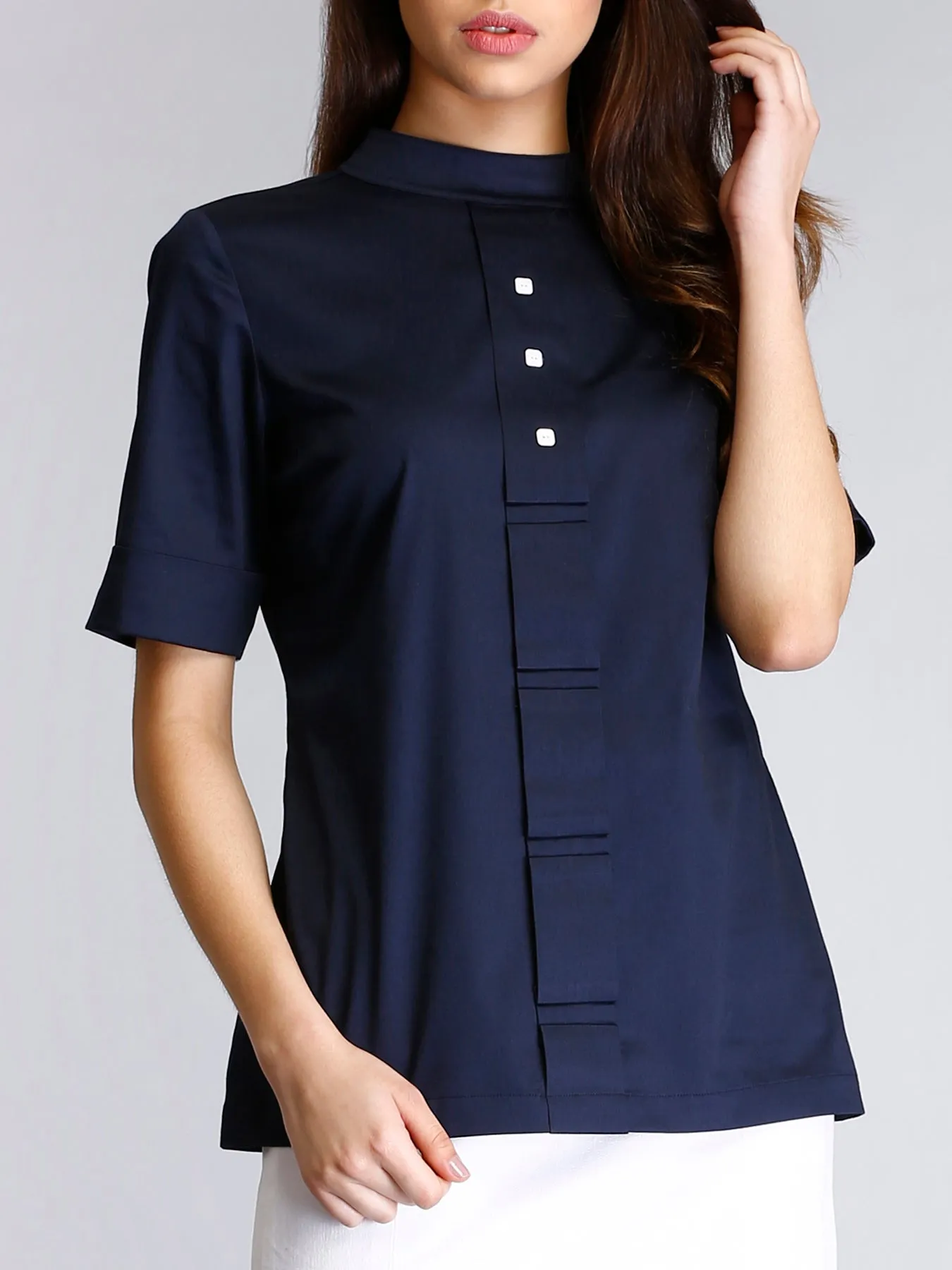 High Neck Fold Detail Top - Navy