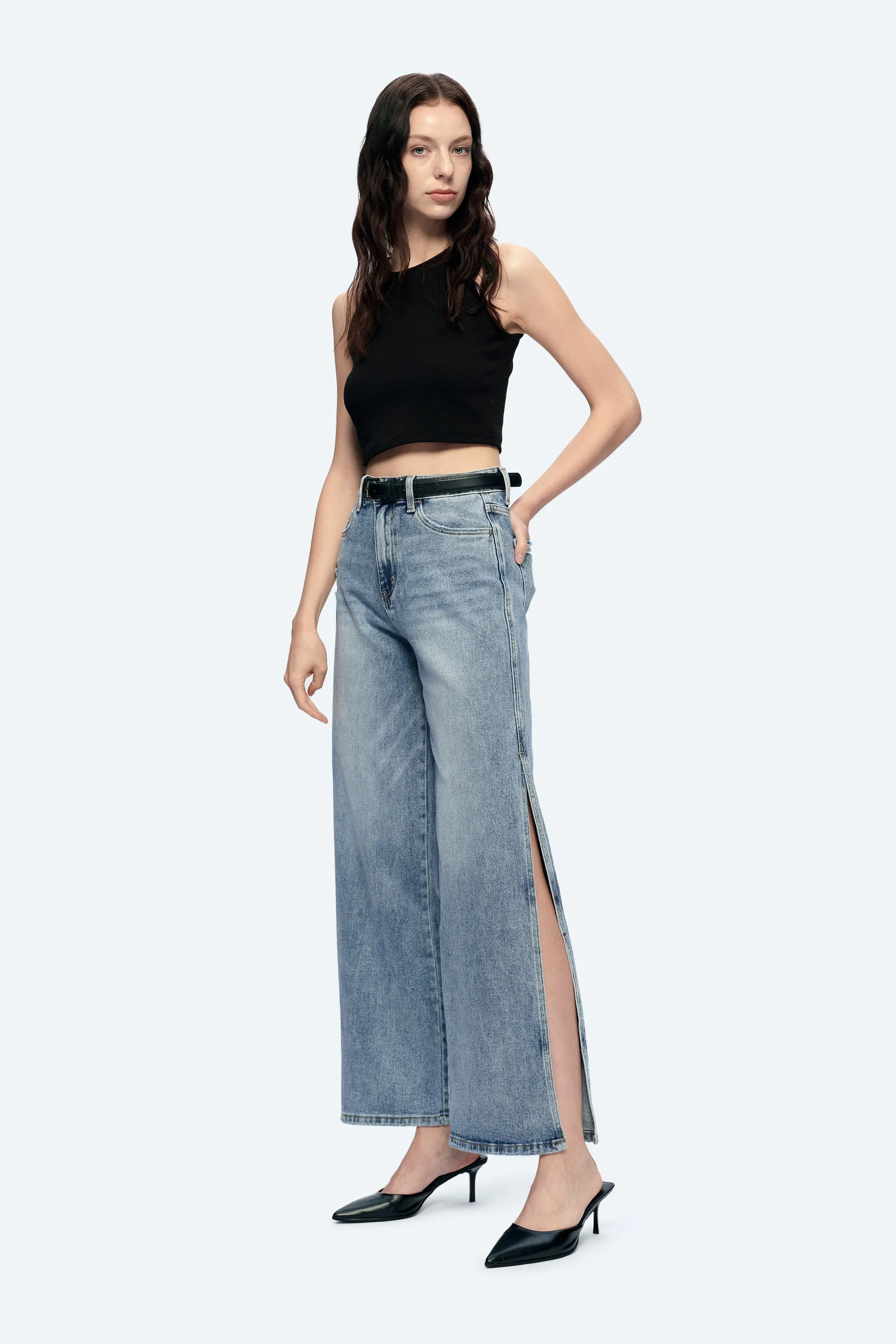 HIGH RISE WIDE LEG JEANS WITH SLIT BYW8037 SUMMER