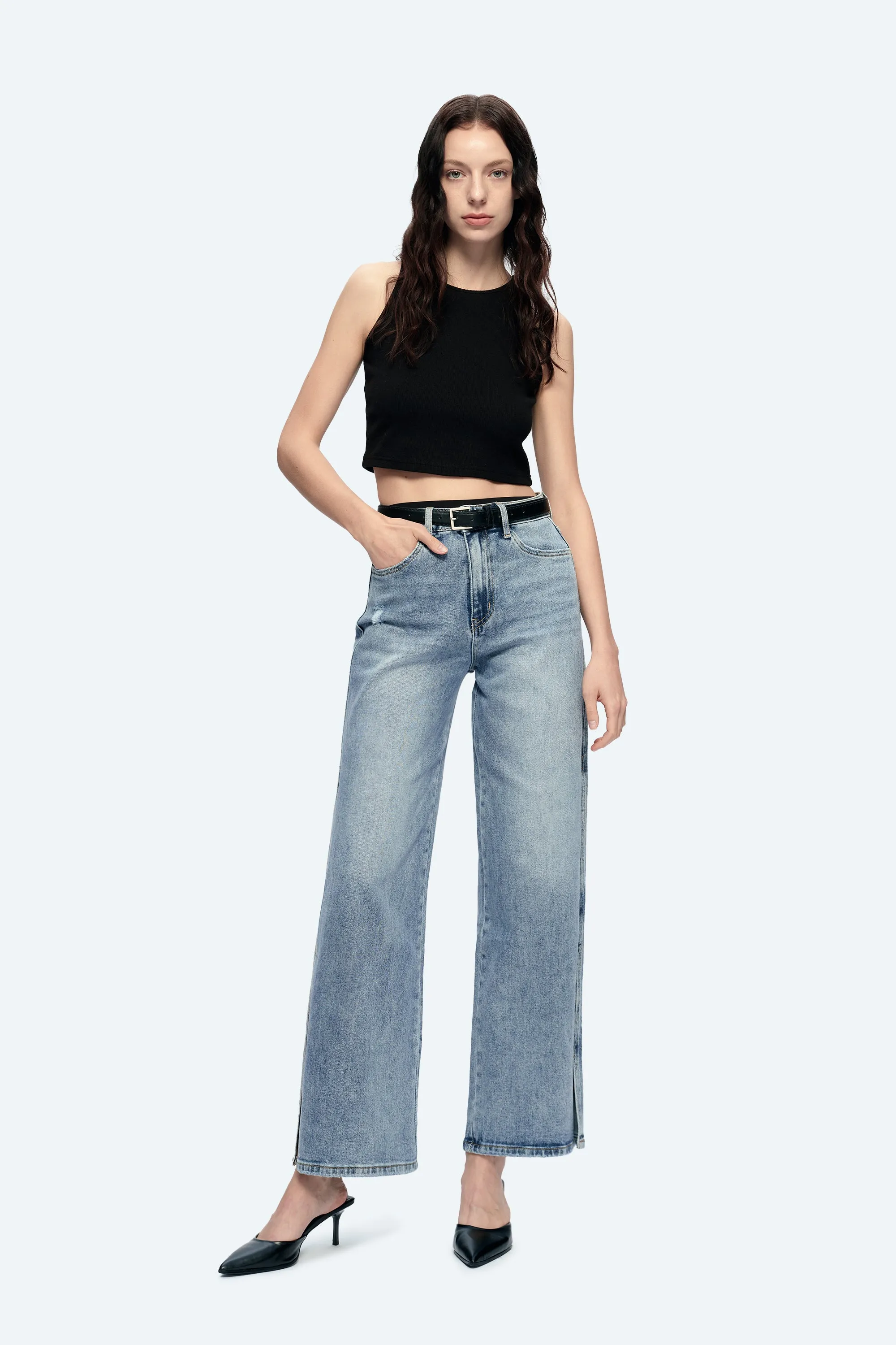 HIGH RISE WIDE LEG JEANS WITH SLIT BYW8037 SUMMER