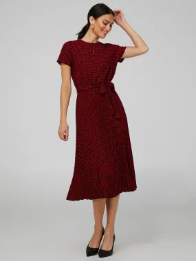 Houndstooth Short Sleeve Midi Dress With Pleated Skirt