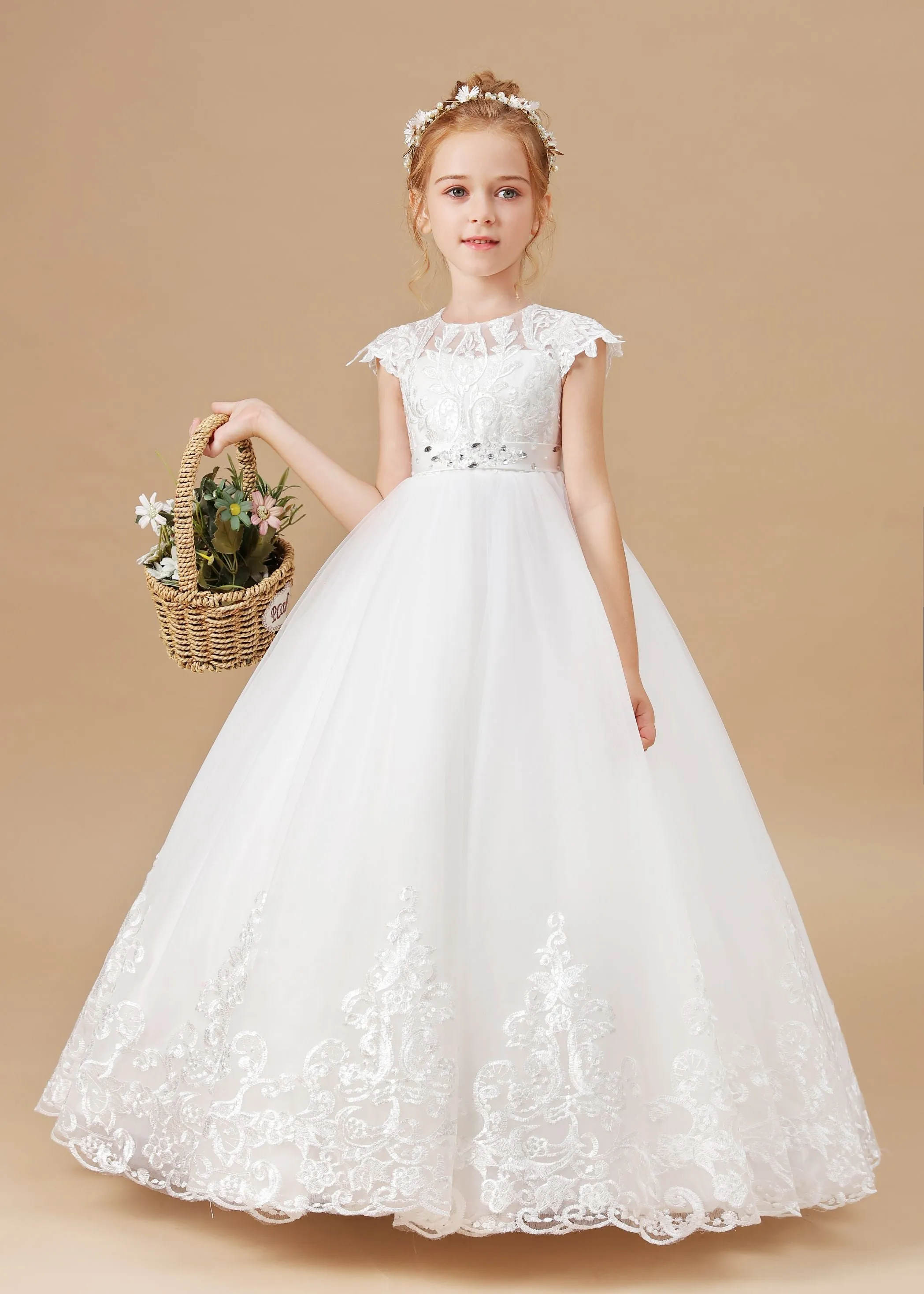 Ivory  Lace Satin Princess Dress Flower Girl Dress With Bowknot