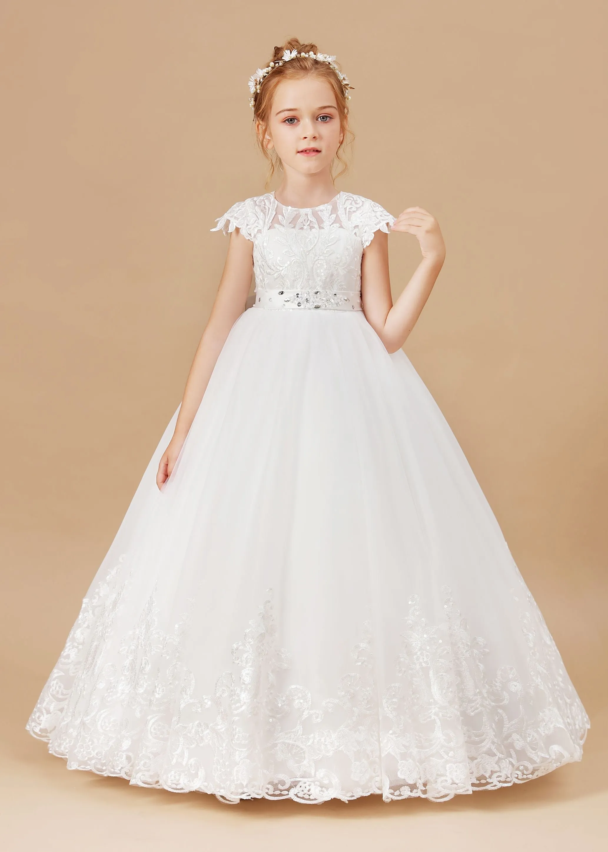 Ivory  Lace Satin Princess Dress Flower Girl Dress With Bowknot