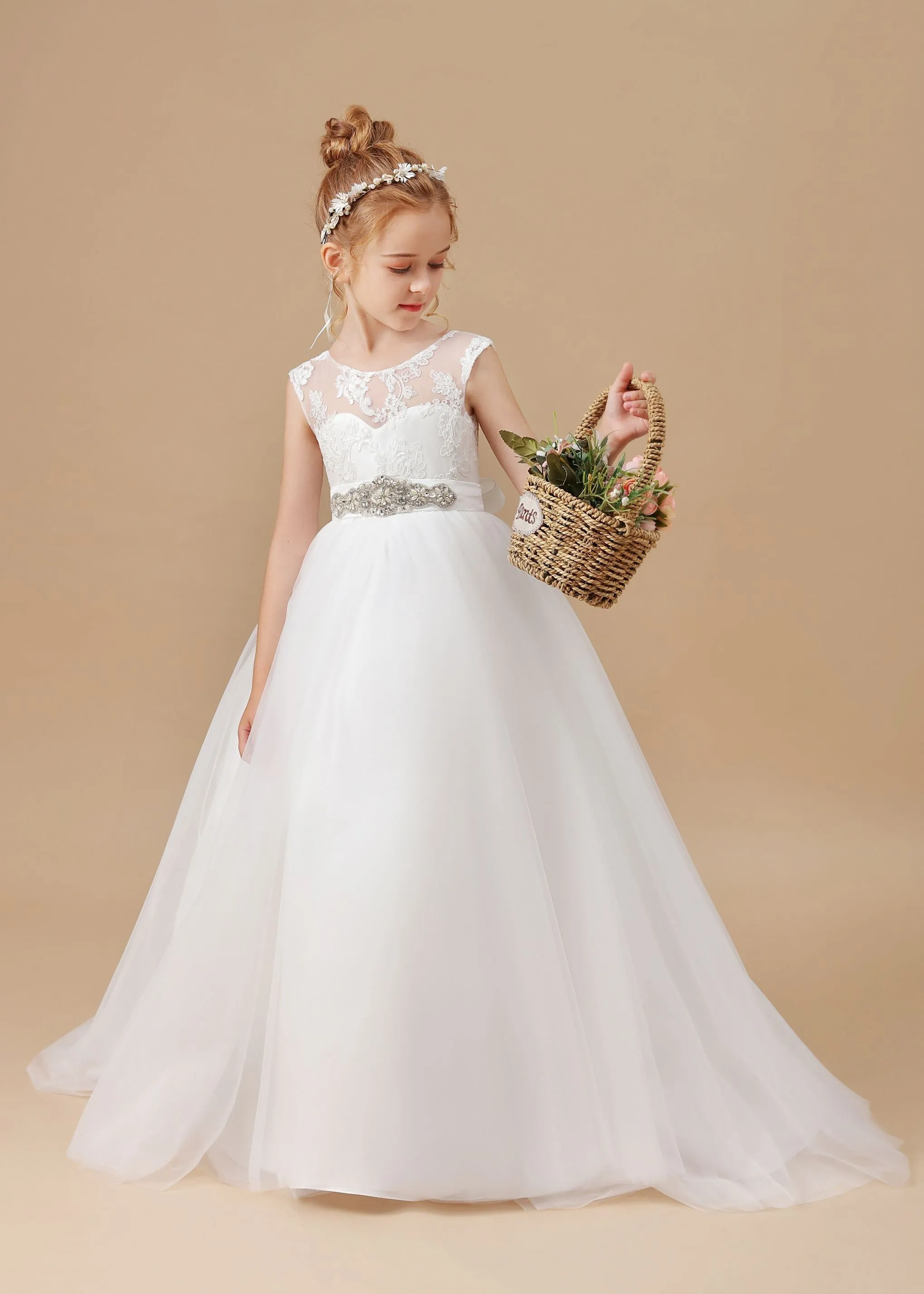 Ivory Rhinestones Sash Bowknot Tulle Flower Girl Dresses