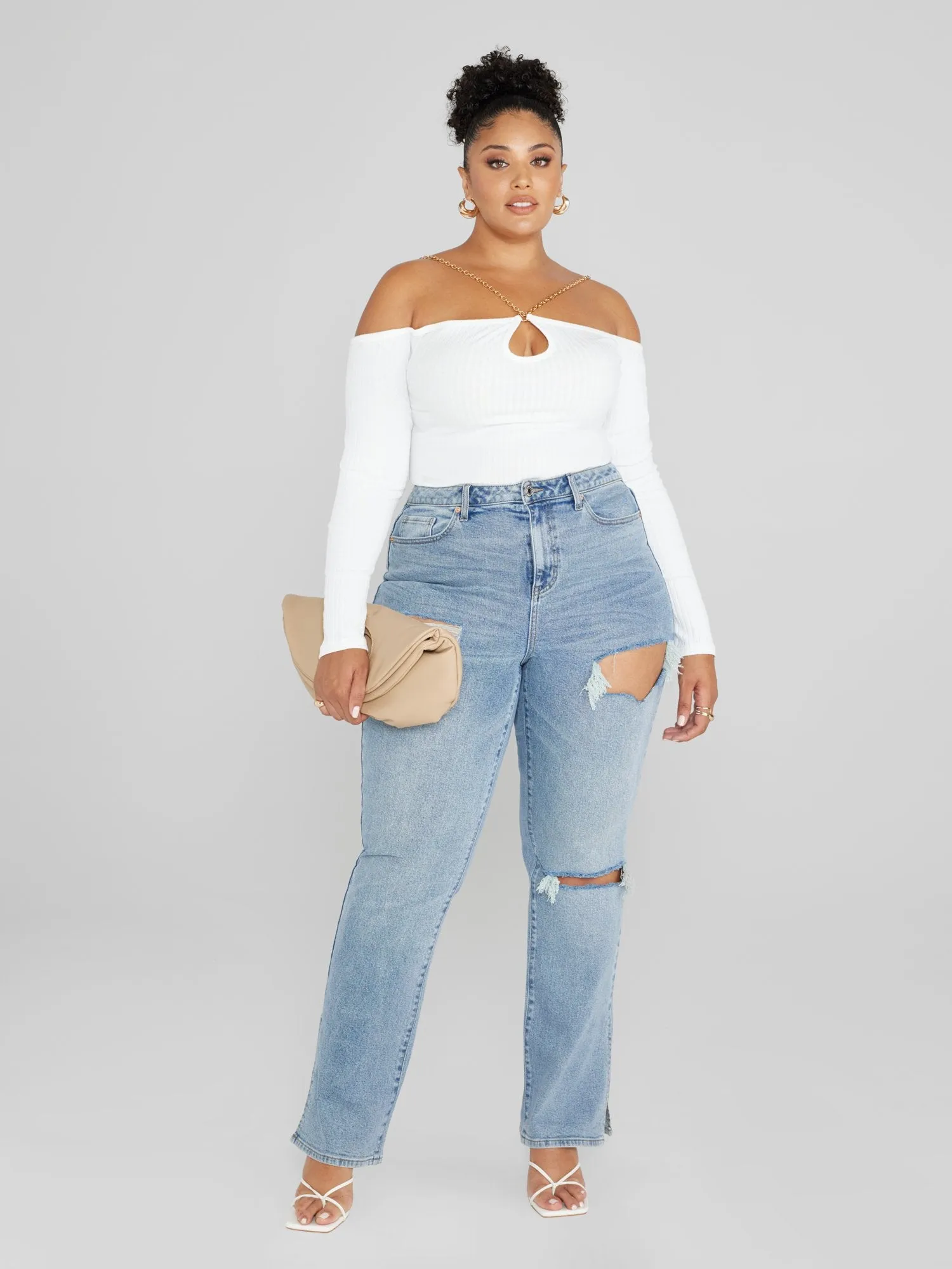 Janine Off-The-Shoulder Chain Strap Knit Top