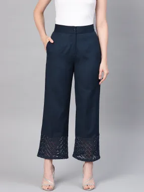 Juniper Navy Blue Cotton Flex Solid Wide Leg Women Palazzo With One Pocket