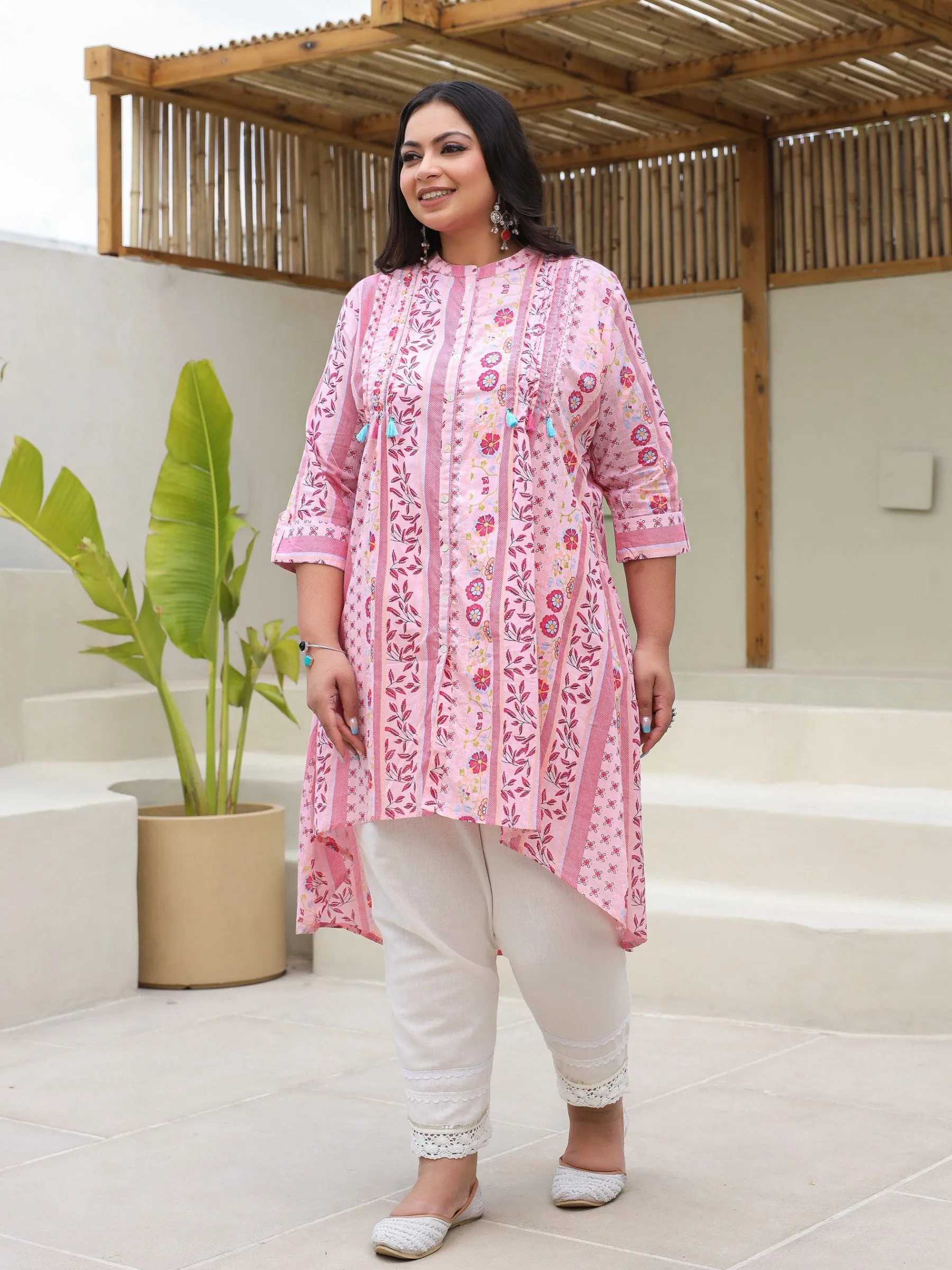 Juniper Pink Floral Printed Cotton Cambric High-Low Plus Size Kurta With Sequins & Pintucks At Front