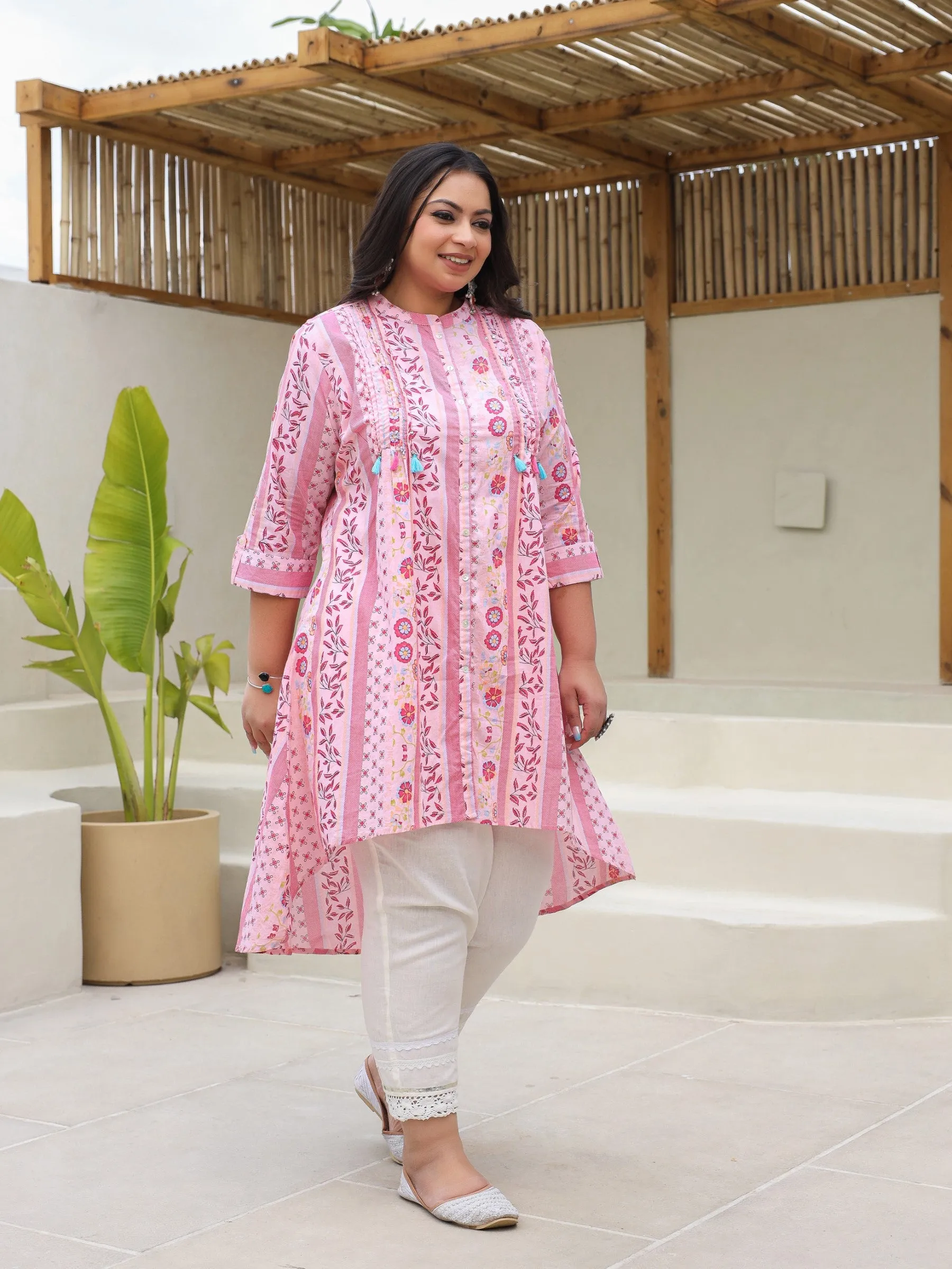 Juniper Pink Floral Printed Cotton Cambric High-Low Plus Size Kurta With Sequins & Pintucks At Front