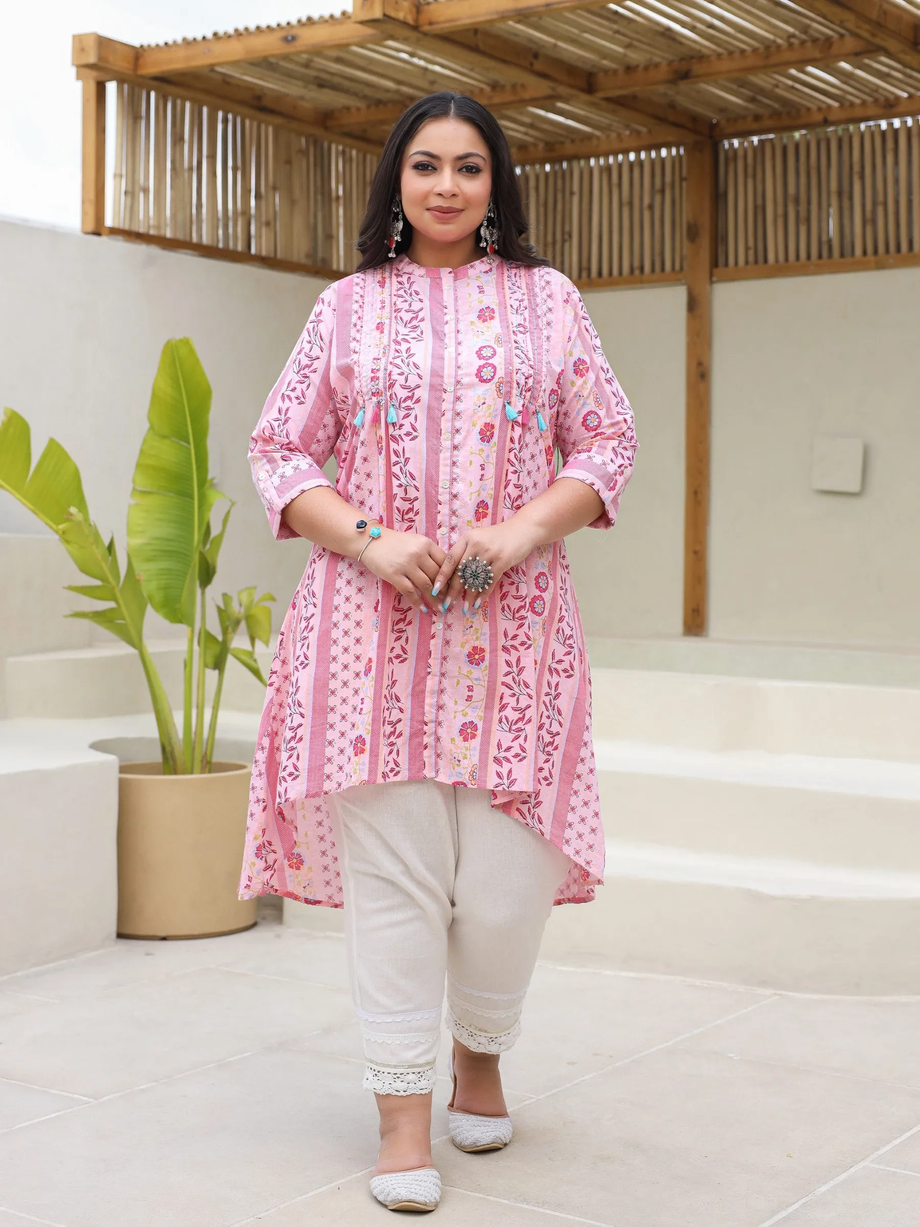 Juniper Pink Floral Printed Cotton Cambric High-Low Plus Size Kurta With Sequins & Pintucks At Front