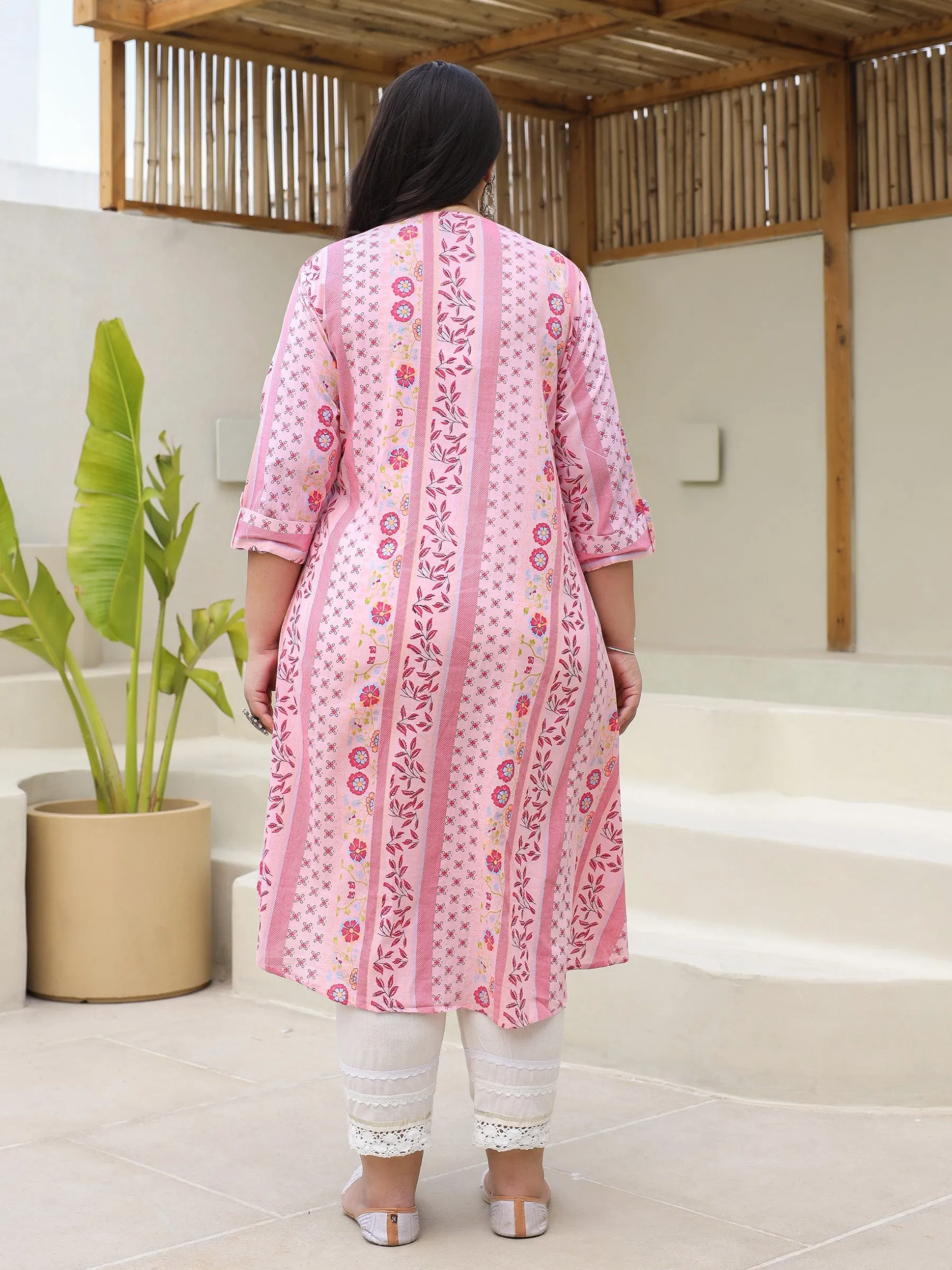 Juniper Pink Floral Printed Cotton Cambric High-Low Plus Size Kurta With Sequins & Pintucks At Front