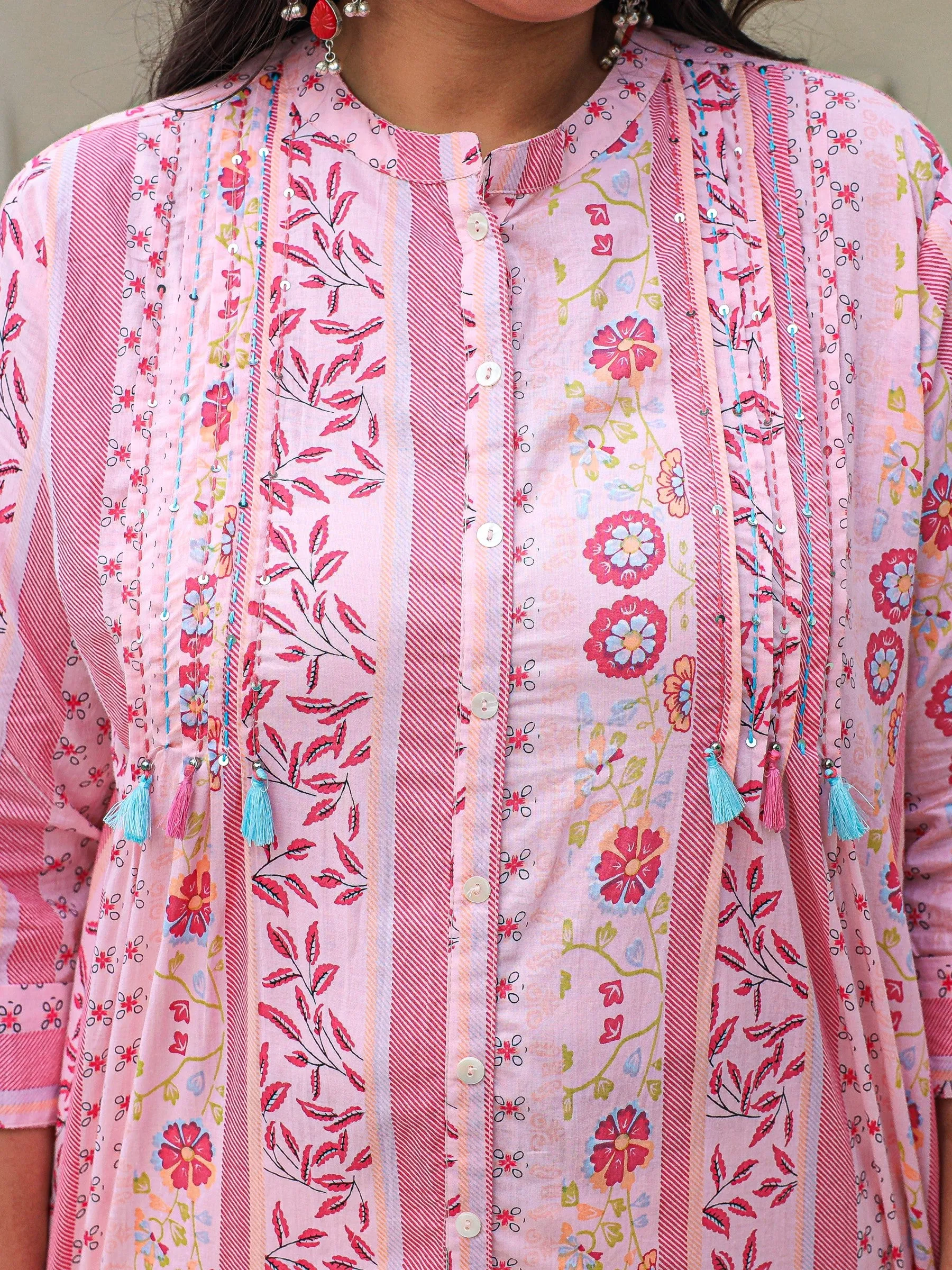 Juniper Pink Floral Printed Cotton Cambric High-Low Plus Size Kurta With Sequins & Pintucks At Front