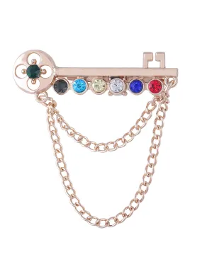 Key Shaped Multicoloured Brooch with Chain Hanging