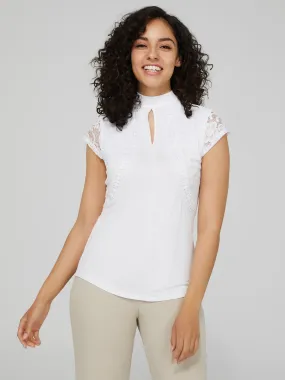 Keyhole Mock Neck Top With Lace Detail