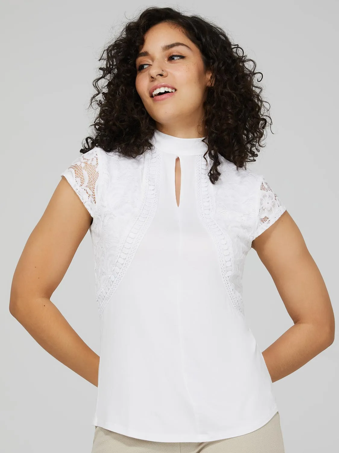 Keyhole Mock Neck Top With Lace Detail