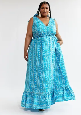 Kulale Women's African Print Maxi Dress (Sky Blue Mudcloth) - Clearance