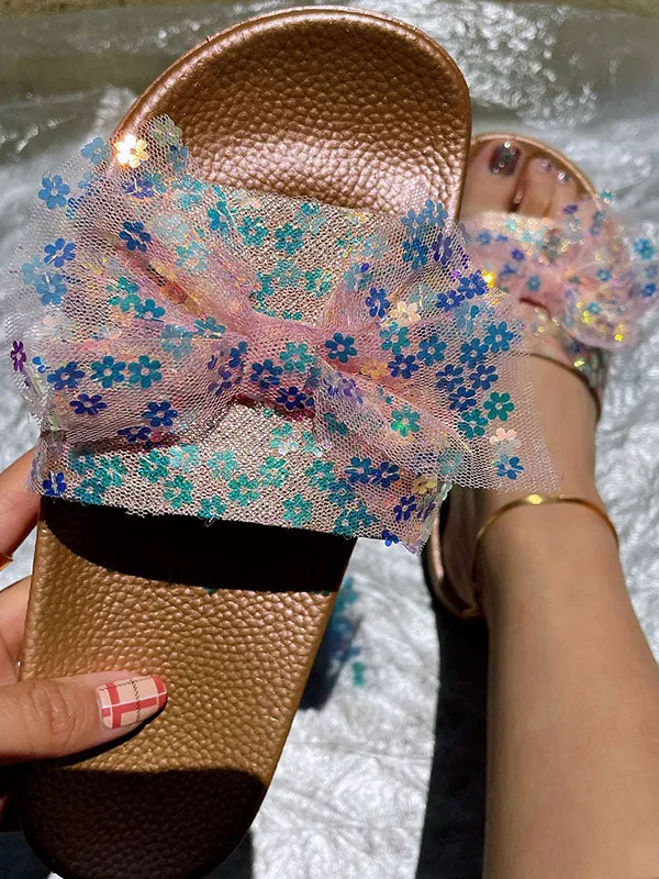 Lace Sequins Bowknot Slippers