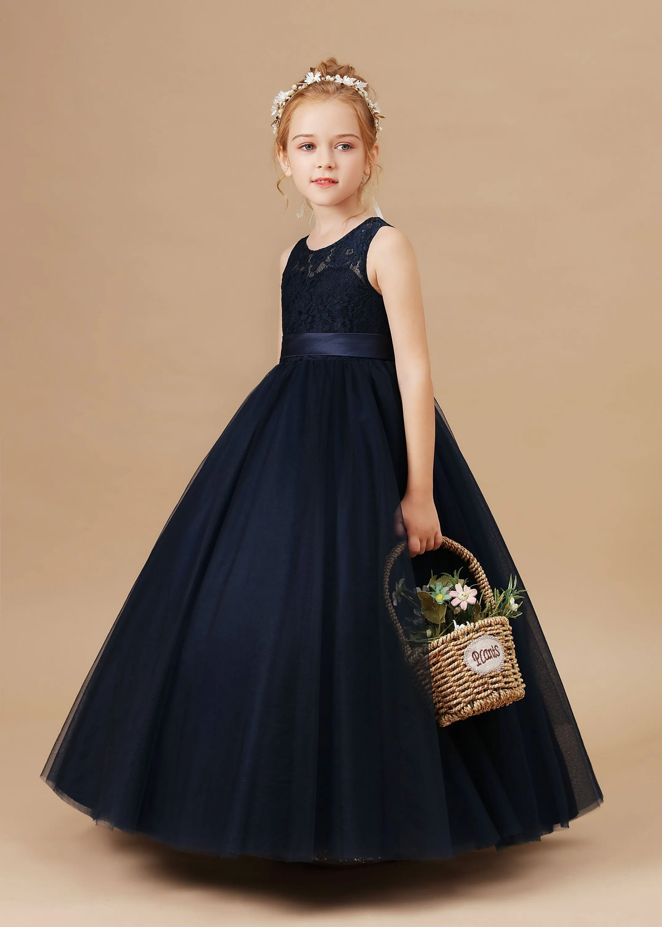 Lace Tulle Black Stain-Sash Pretty Flower Girl Dresses With Bownot