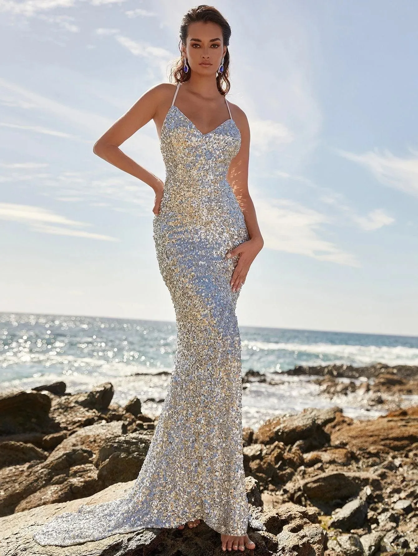 Lace Up Backless Sequin Mermaid Hem Prom Dress