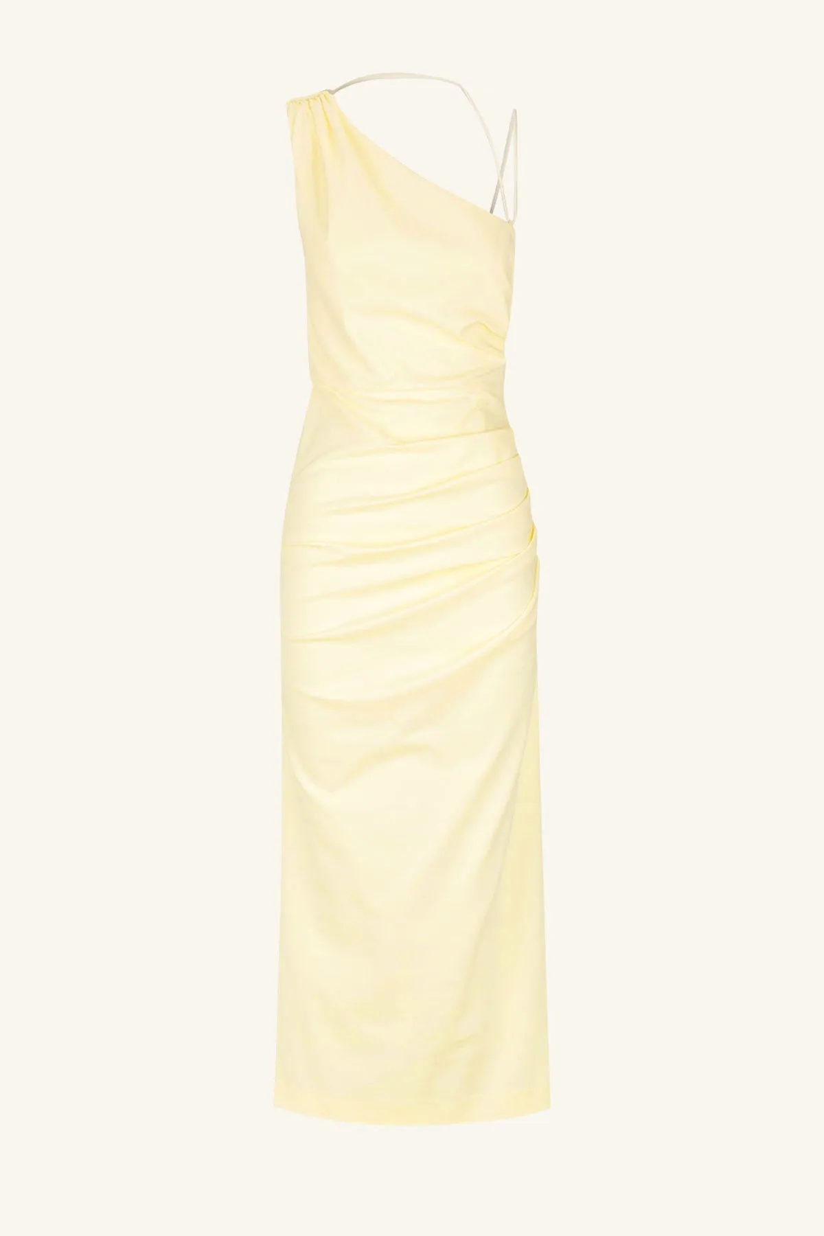 LANI ASYMMETRICAL GATHERED MIDI DRESS - VANILLA