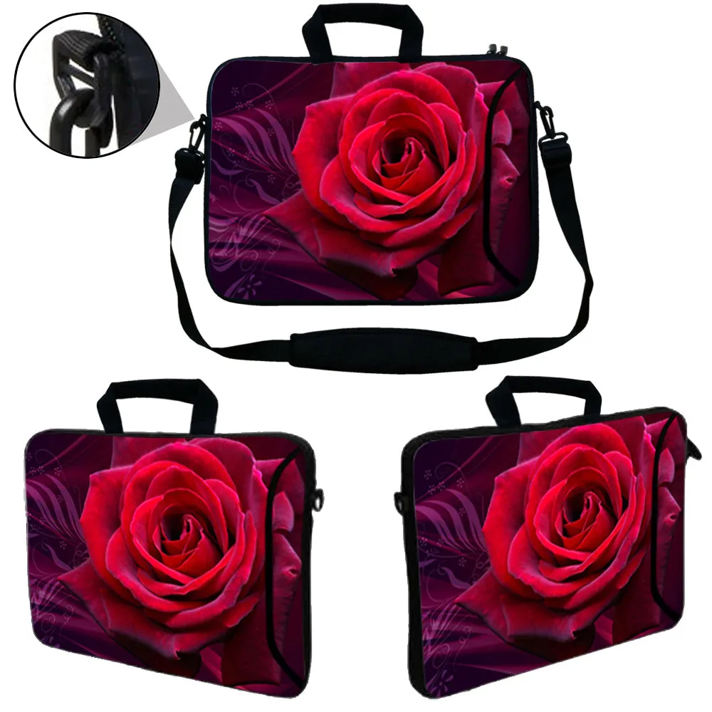 Laptop Sleeve Carrying Case with Large Side Pocket for Accessories and Removable Shoulder Strap - Pink Rose Floral Flower