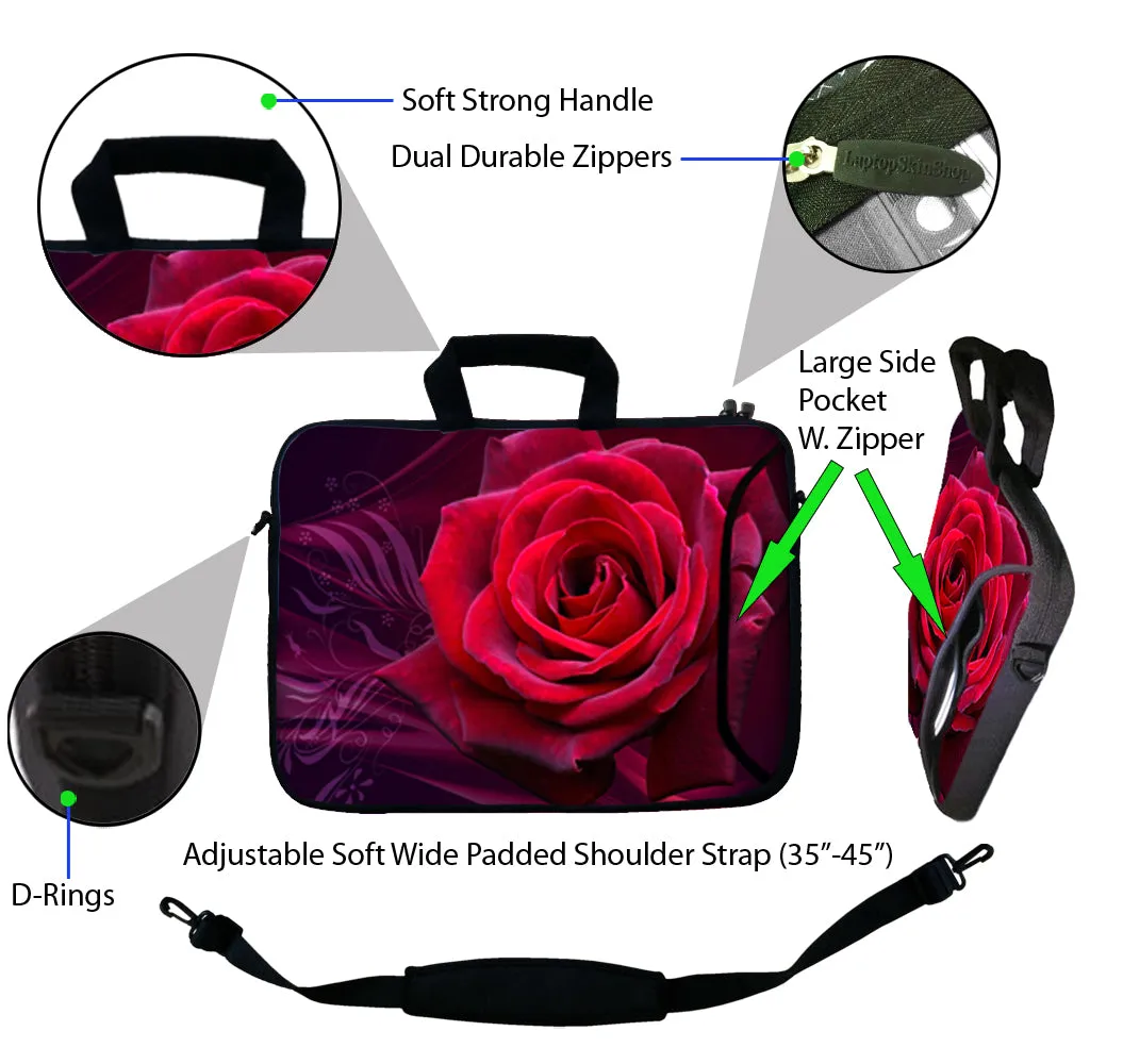 Laptop Sleeve Carrying Case with Large Side Pocket for Accessories and Removable Shoulder Strap - Pink Rose Floral Flower