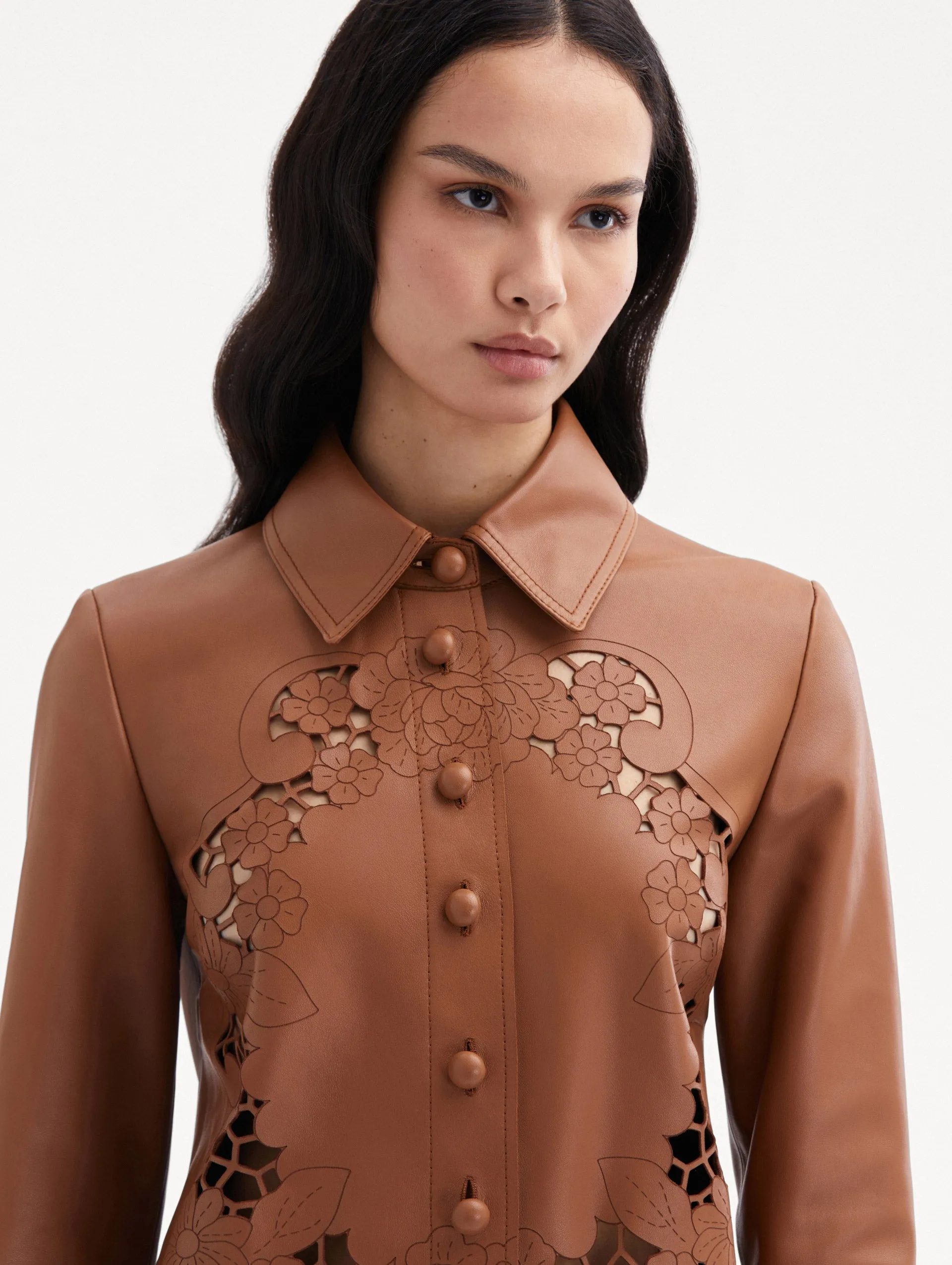 Laser Cut Floral Leather Blouse