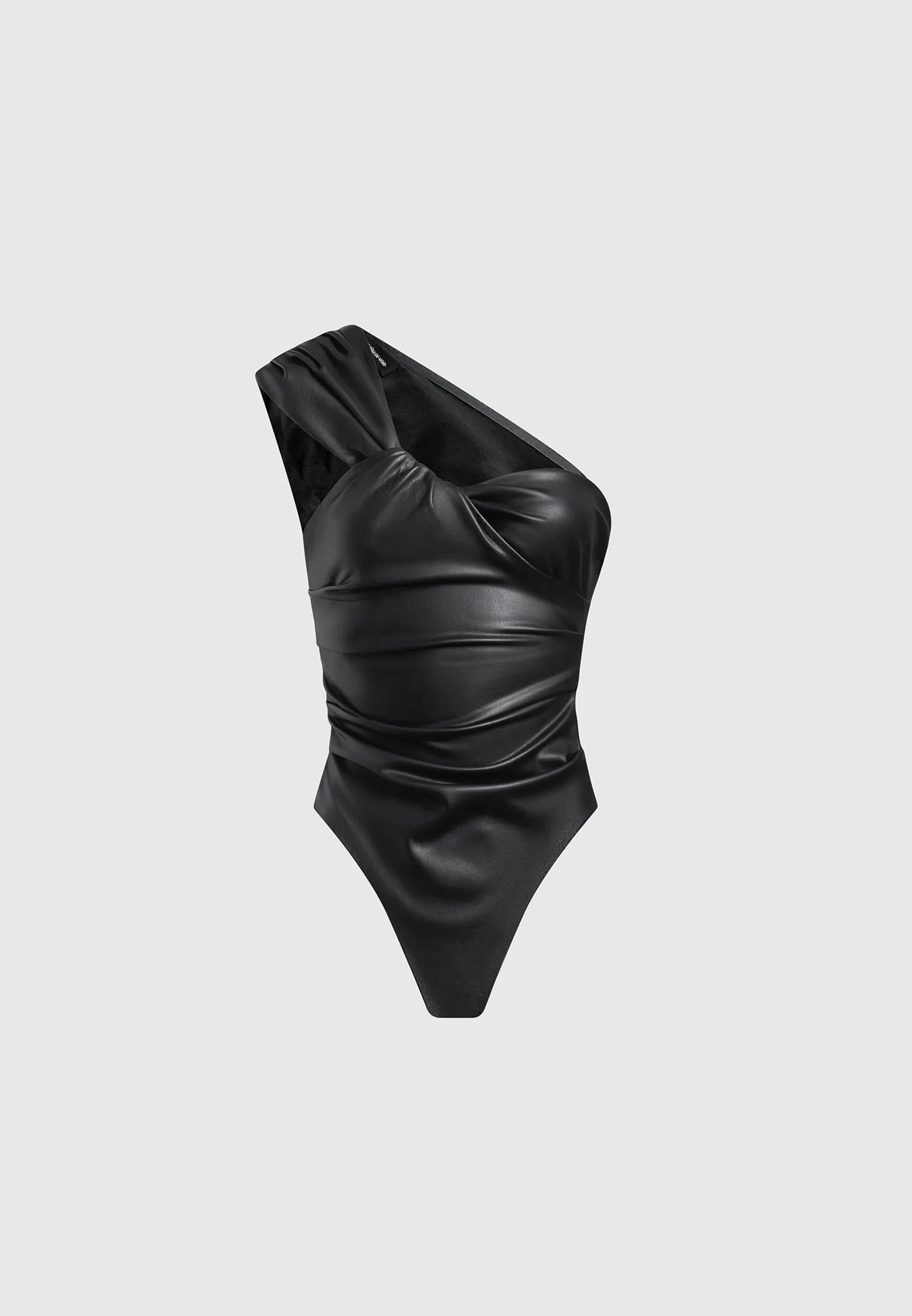 Leather Gathered Bodysuit with Sleeves - Black