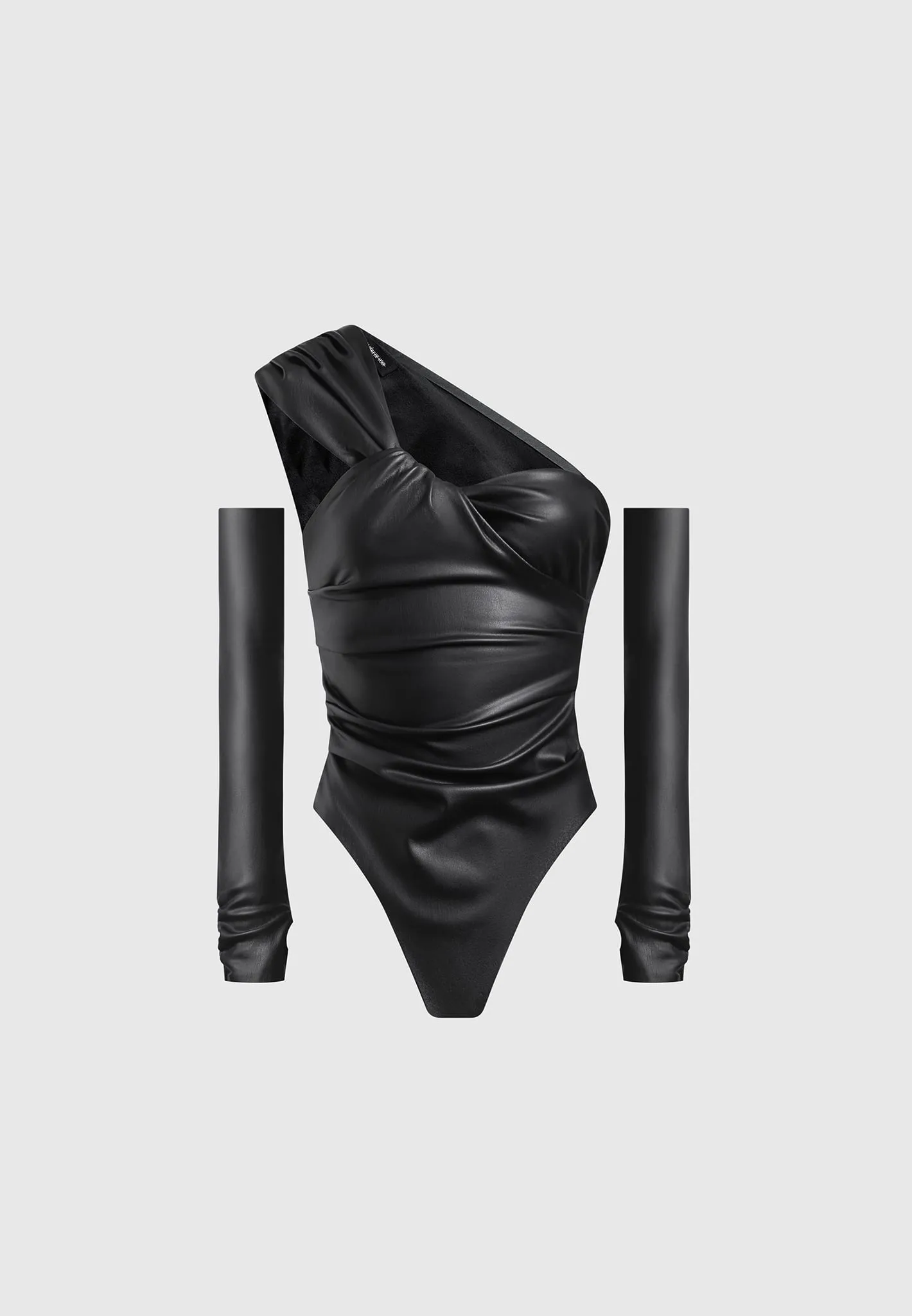 Leather Gathered Bodysuit with Sleeves - Black