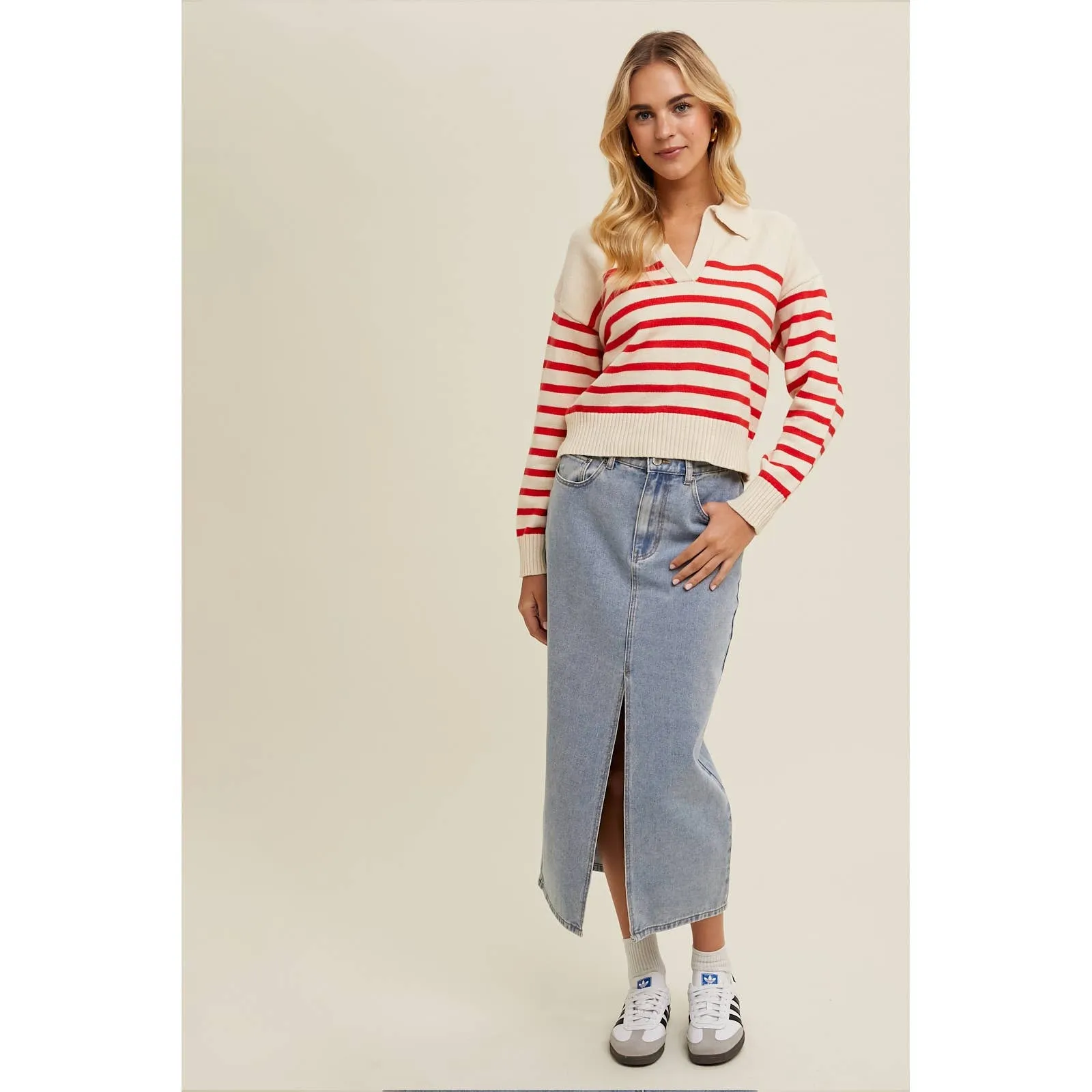 Lennon Striped Relaxed Crop Collared Sweater