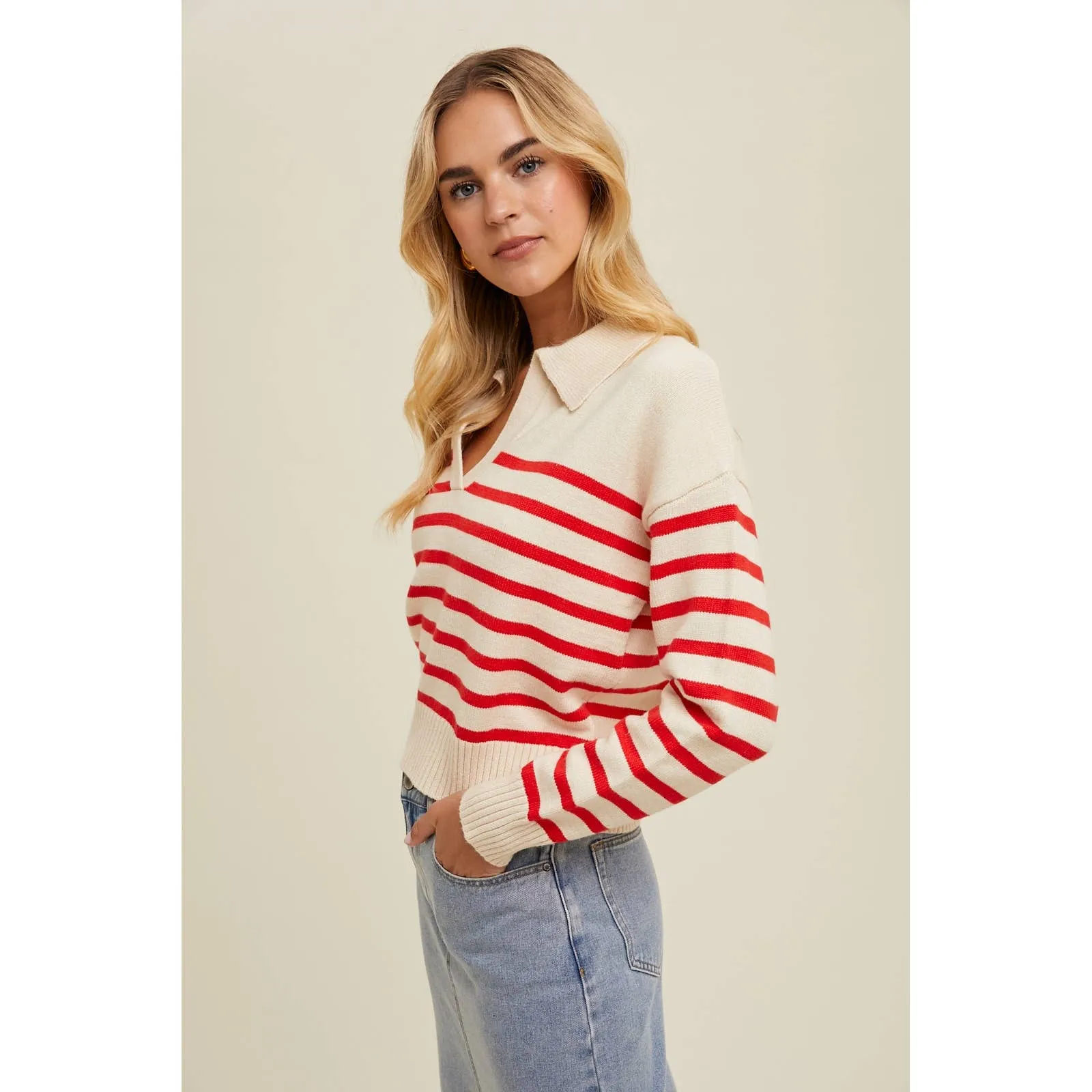 Lennon Striped Relaxed Crop Collared Sweater