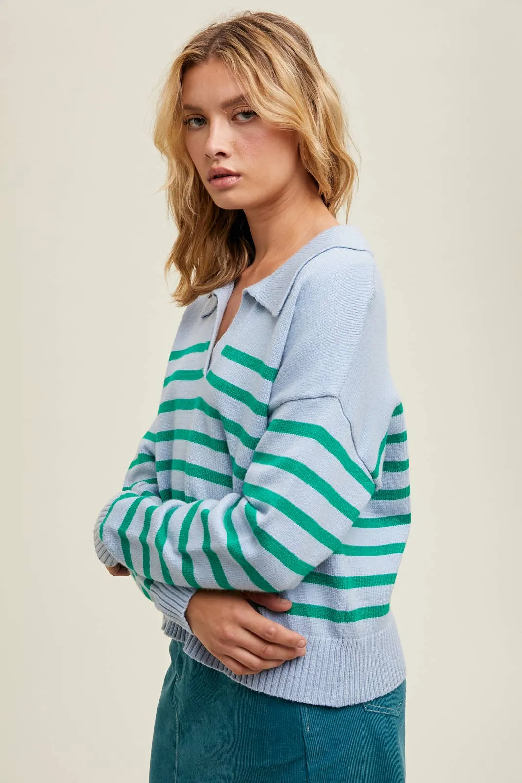 Lennon Striped Relaxed Crop Collared Sweater