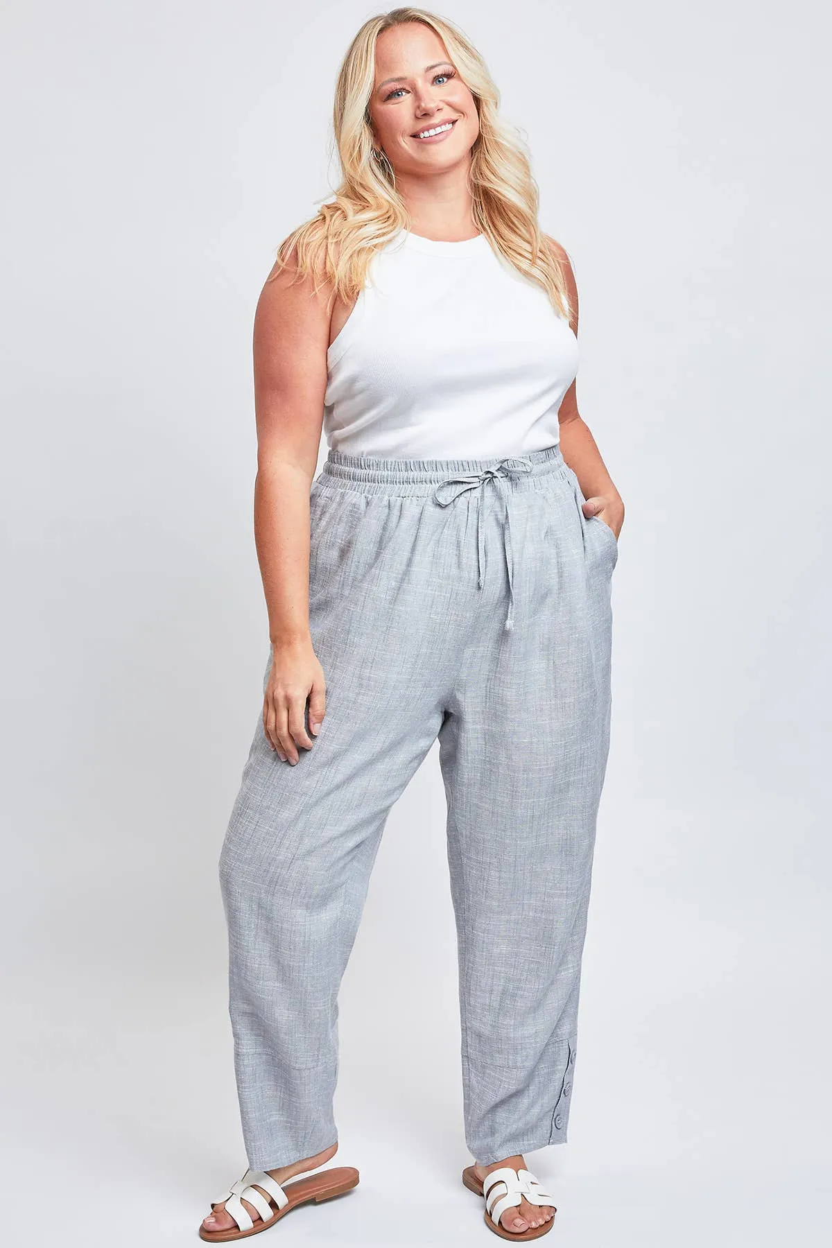 Linen Button Hem Flood Pants (Missy Plus Size)